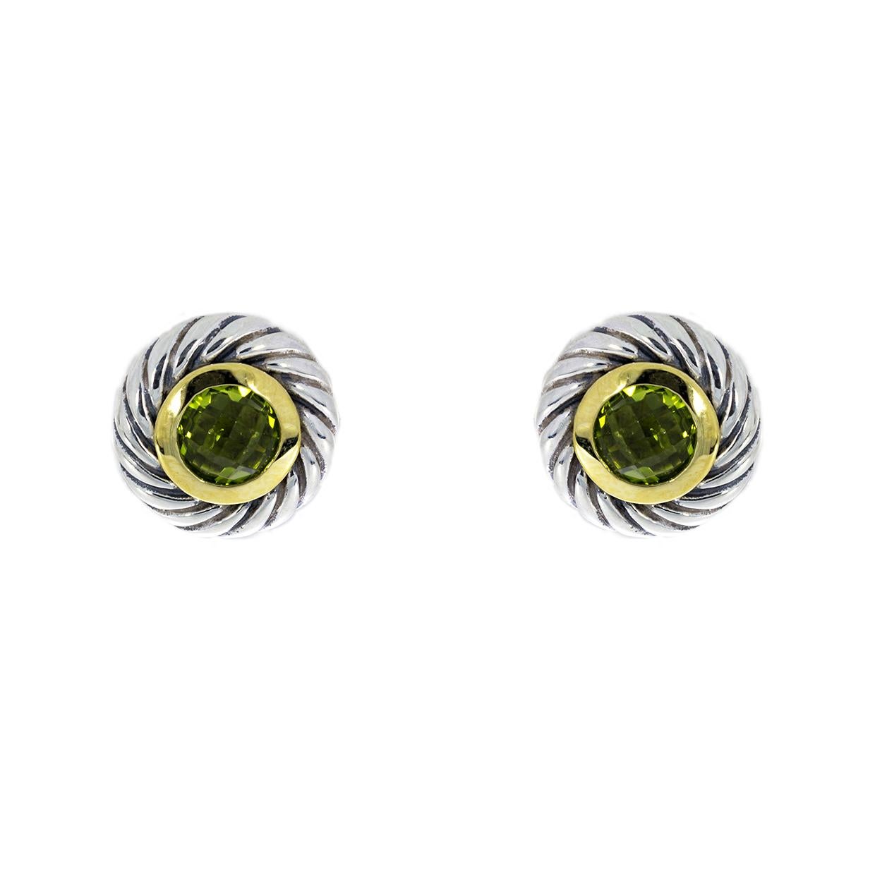David Yurman Cookie Mixed Metals Round Cut Peridot Stud Earrings In Excellent Condition In Columbia, MO