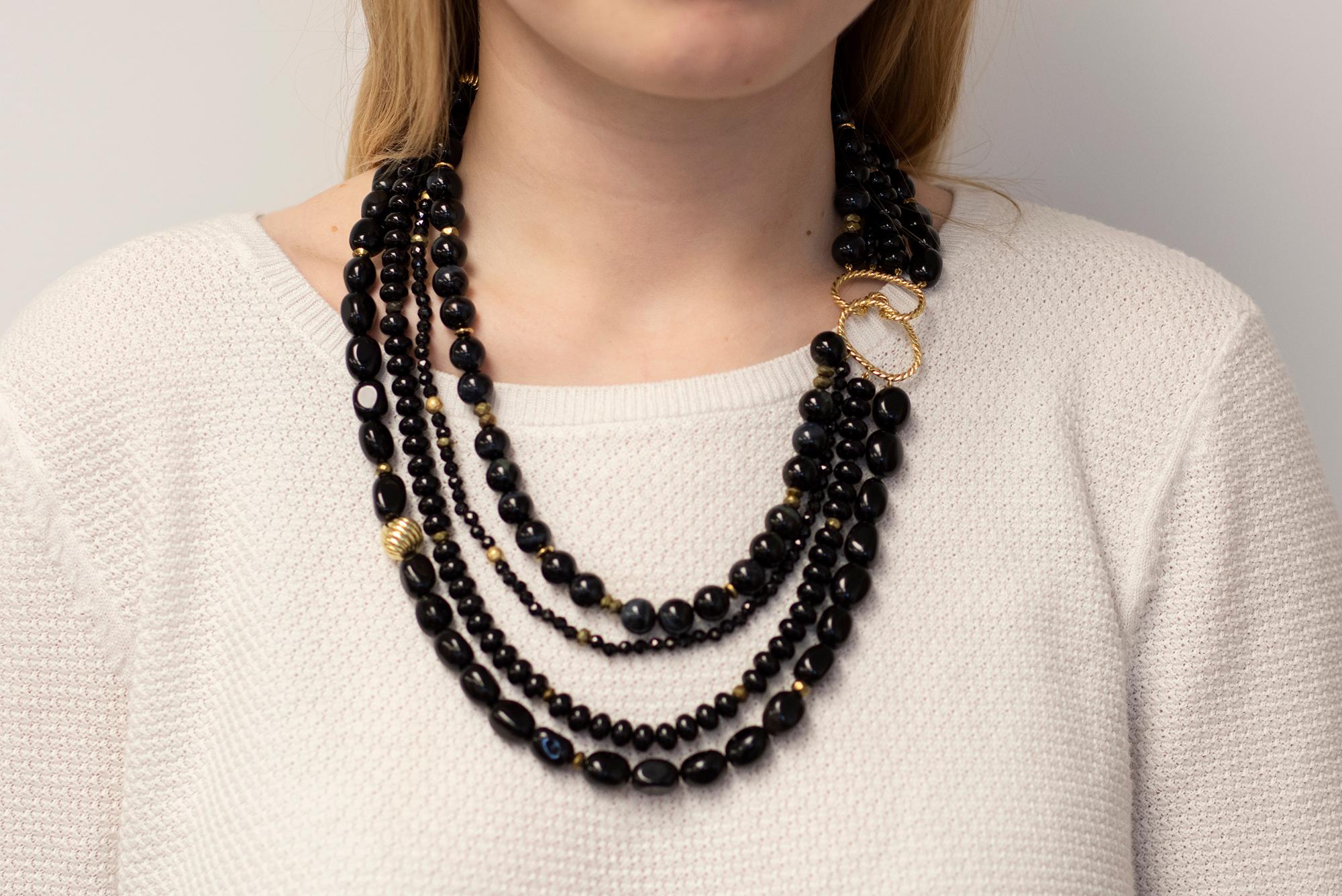 David Yurman Couture 18 Karat Yellow Gold Black Onyx and Obsidian Bead Necklace In Excellent Condition For Sale In Nashua, NH