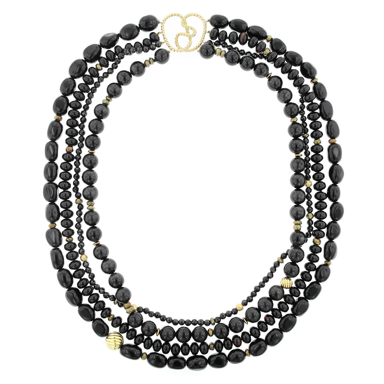 David Yurman Couture 18 Karat Yellow Gold Black Onyx and Obsidian Bead Necklace For Sale