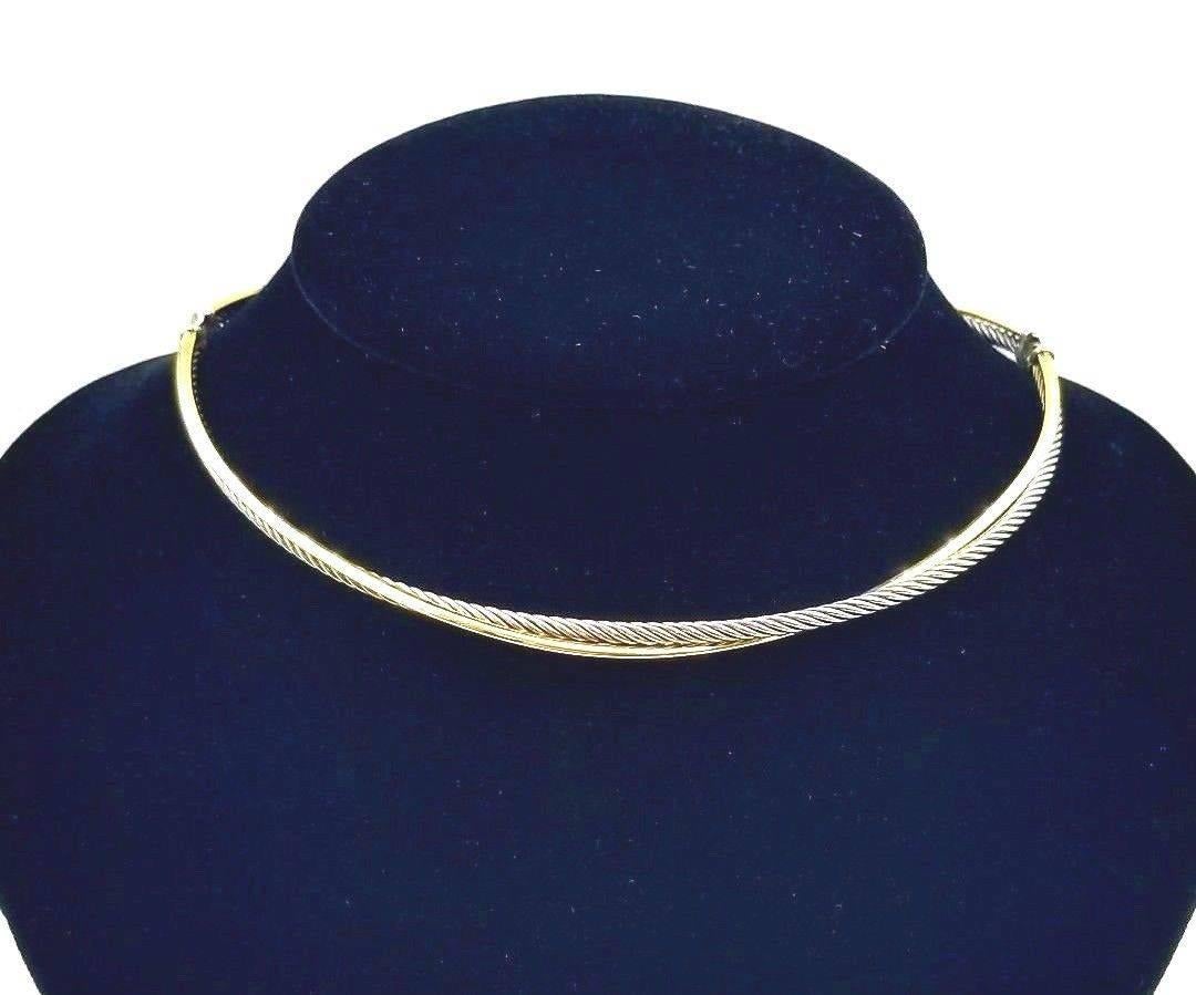 David Yurman 
Style:  Two-Tone Crossover Choker Necklace
Metal:  18Kt Yellow Gold & Sterling Silver
Width:  3 MM 
Length:  15.5 Inches
Hallmark: DY 750 925
Includes:  Elegant Necklace Box

Retail Replacement Value:  $1,950 + tax