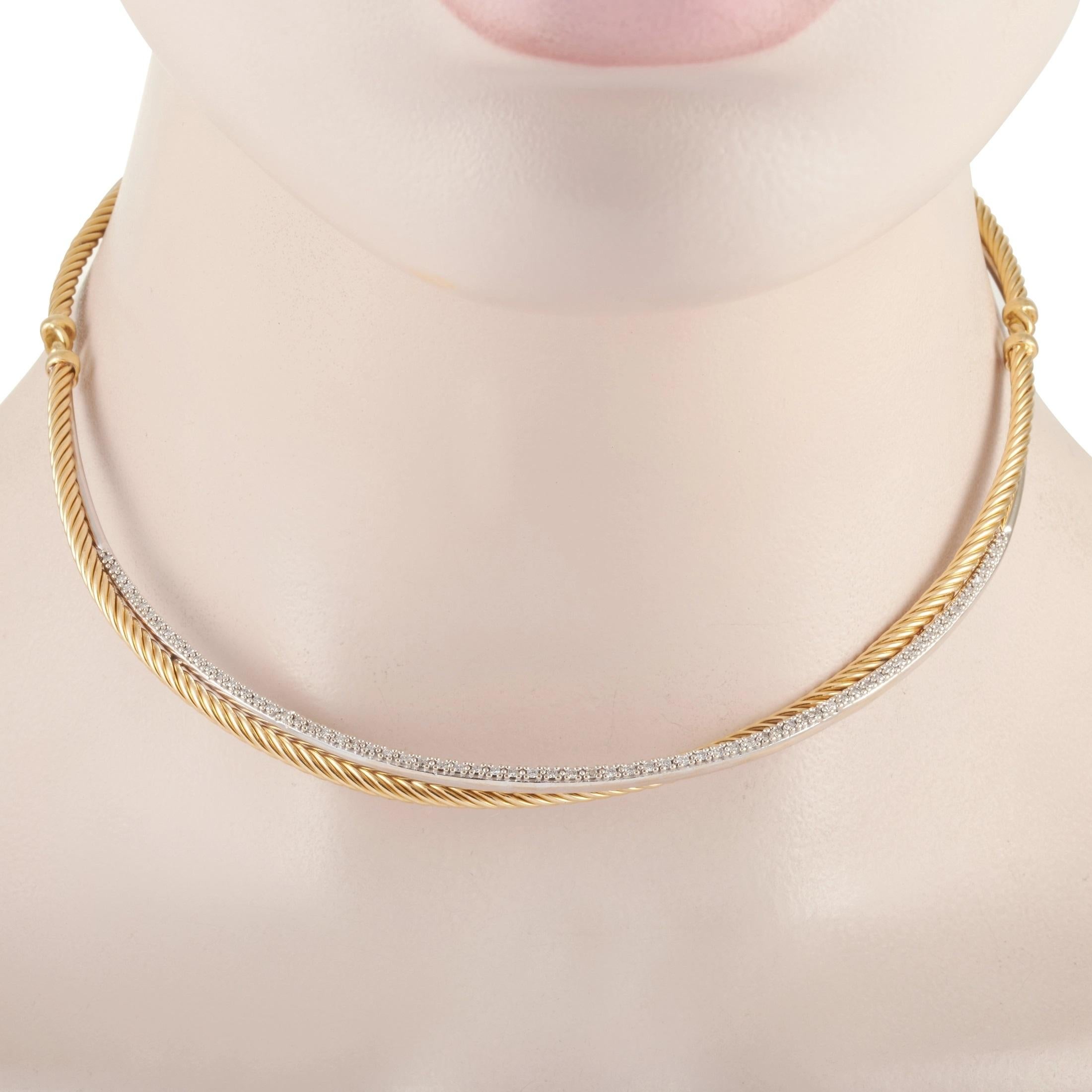 The David Yurman “Crossover” necklace features motifs from the “Crossover” and “Cable” collections, interlocking and intertwining to symbolize unity and integration. The necklace is made out of 18K yellow and white gold and weighs 49 grams,
