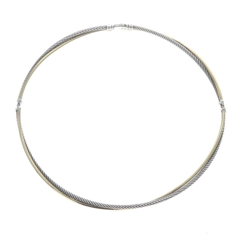 Brand: David Yurman
Design: Crossover Cable

Metal Content: Sterling Silver & 18k Yellow Gold

Style: Choker
Fastening Type: Locking Snap Clasp

Measurements

Inner Circumference: 16 3/4