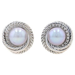 David Yurman Crossover Cable Pearl & Diamond Stud Earrings Silver 925 Gold 14k