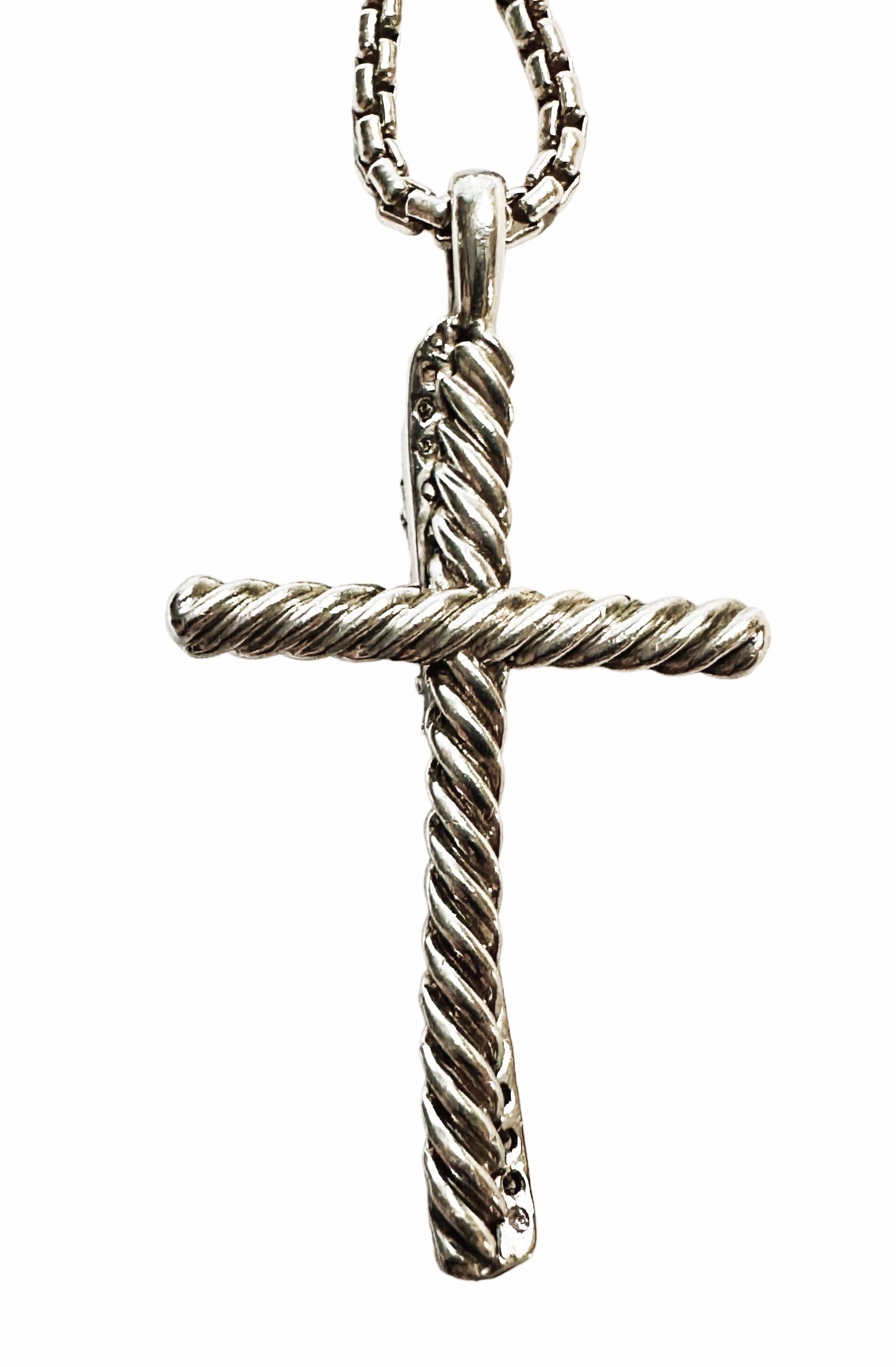 David Yurman Crossover Cross Necklace W Pave Diamonds Sterling Original Box For Sale 3