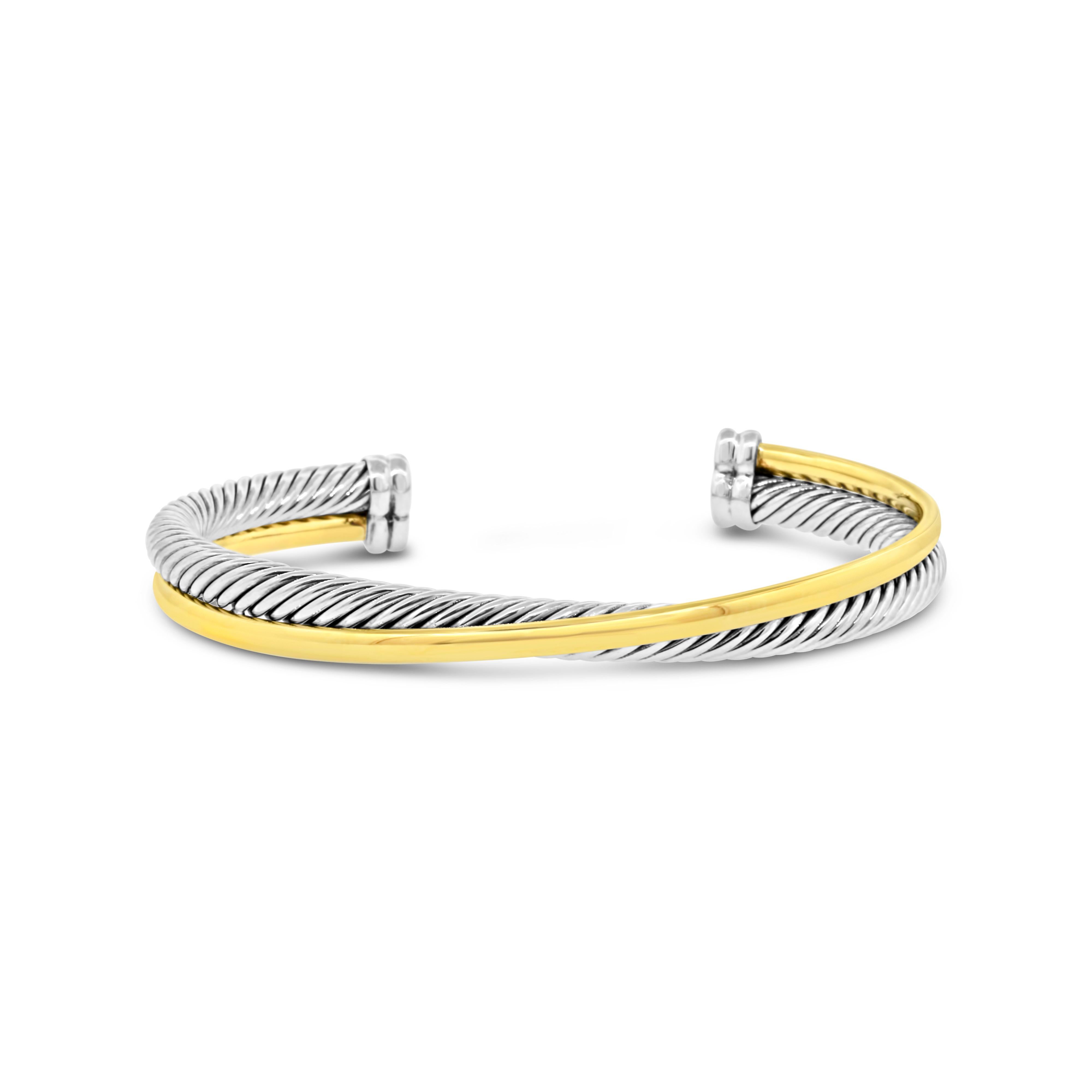 Sterling Silver and 18k Yellow Gold
Total Weight: 37 grams
Fit wrists up to 7 inches (open cuff)
PreOwned