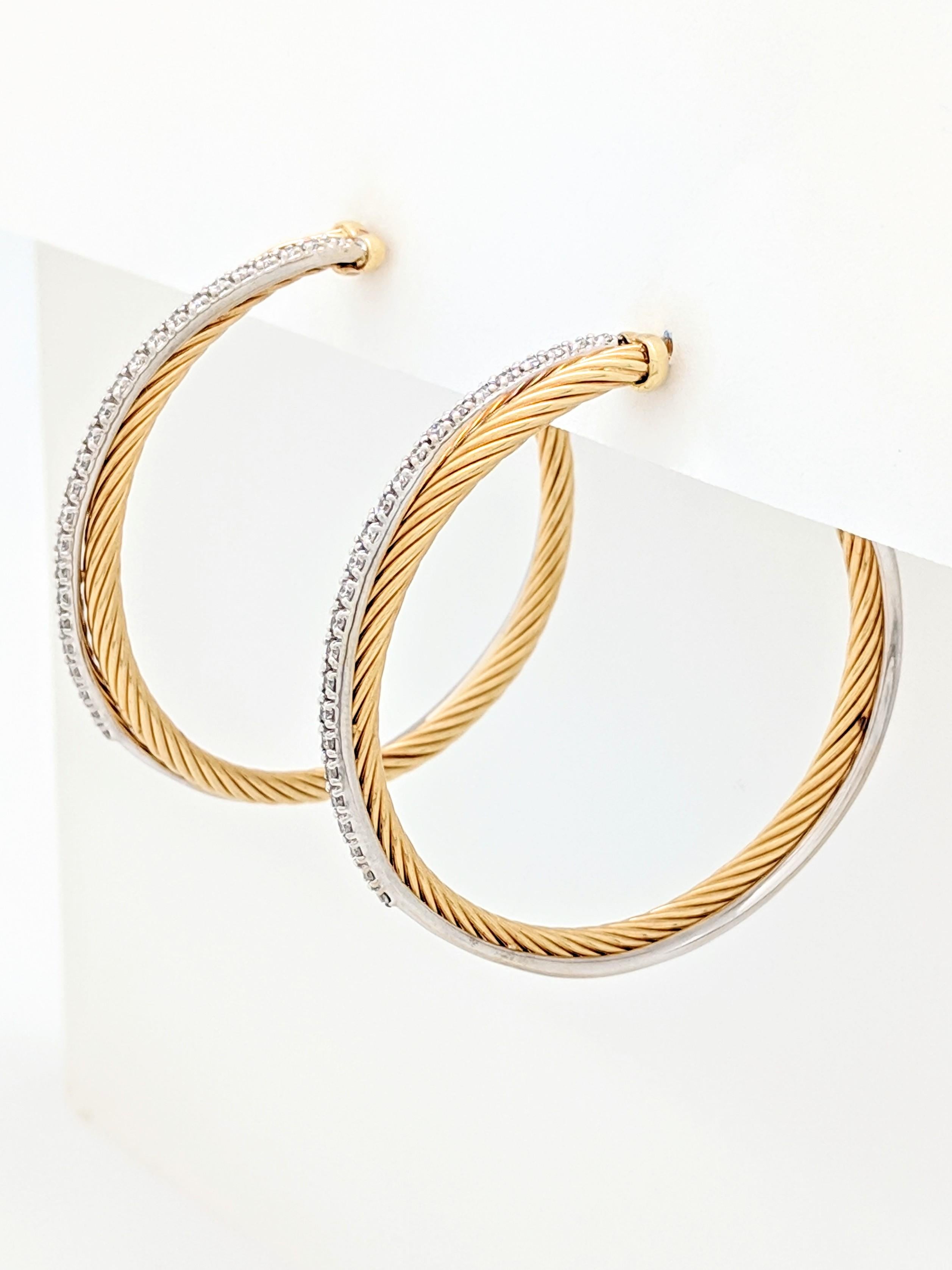 Round Cut David Yurman Crossover Extra Large Hoop Earrings w/ Diamonds in 18k 2-Tone Gold