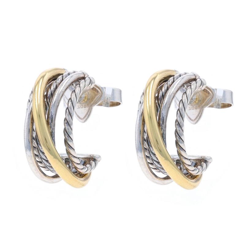 Brand: David Yurman
Collection: Crossover
Design: Hoop Shrimp

Metal Content: Sterling Silver & 18k Yellow Gold

Style: Half-Hoop
Fastening Type: Butterfly Closures

Measurements

Tall: 3/4
