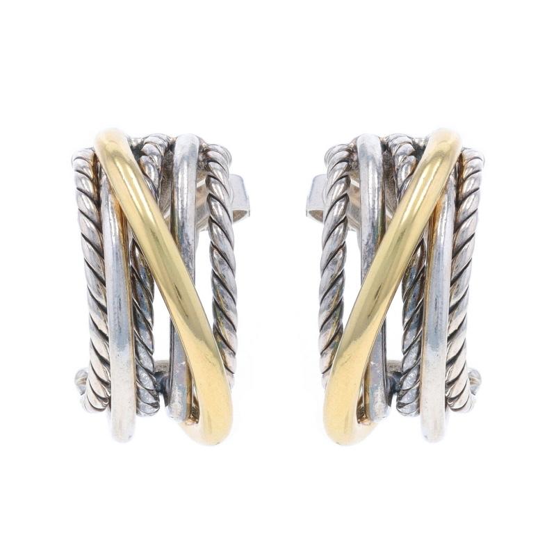 David Yurman Crossover Hoop Shrimp Earrings Sterling 925 Yellow Gold 18k Pierced In Excellent Condition In Greensboro, NC