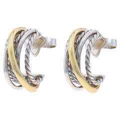 David Yurman Crossover Hoop Shrimp Earrings Sterling 925 Yellow Gold 18k Pierced