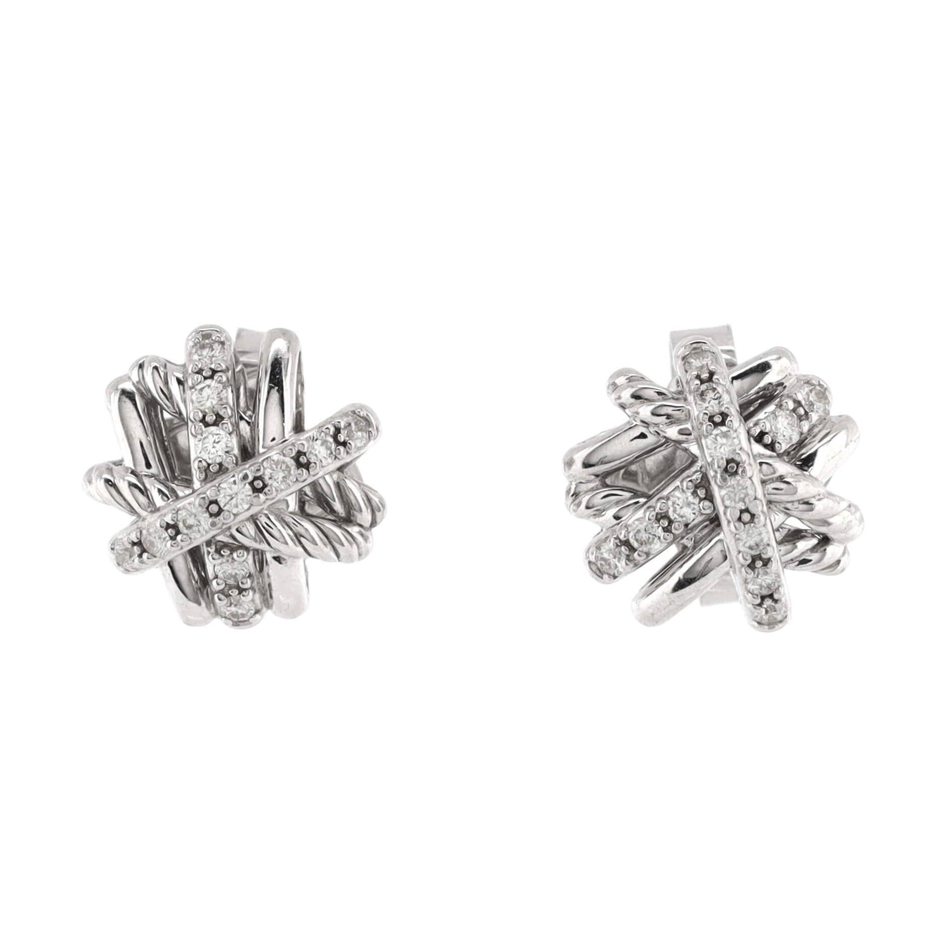 Condition: Great. Faint wear throughout,
Accessories: No Accessories
Measurements: Height/Length: 16.9 mm, Width: 16.75 mm
Designer: David Yurman
Model: Crossover Stud Earrings Sterling Silver with Diamonds
Exterior Color: Green, Silver
Item Number: