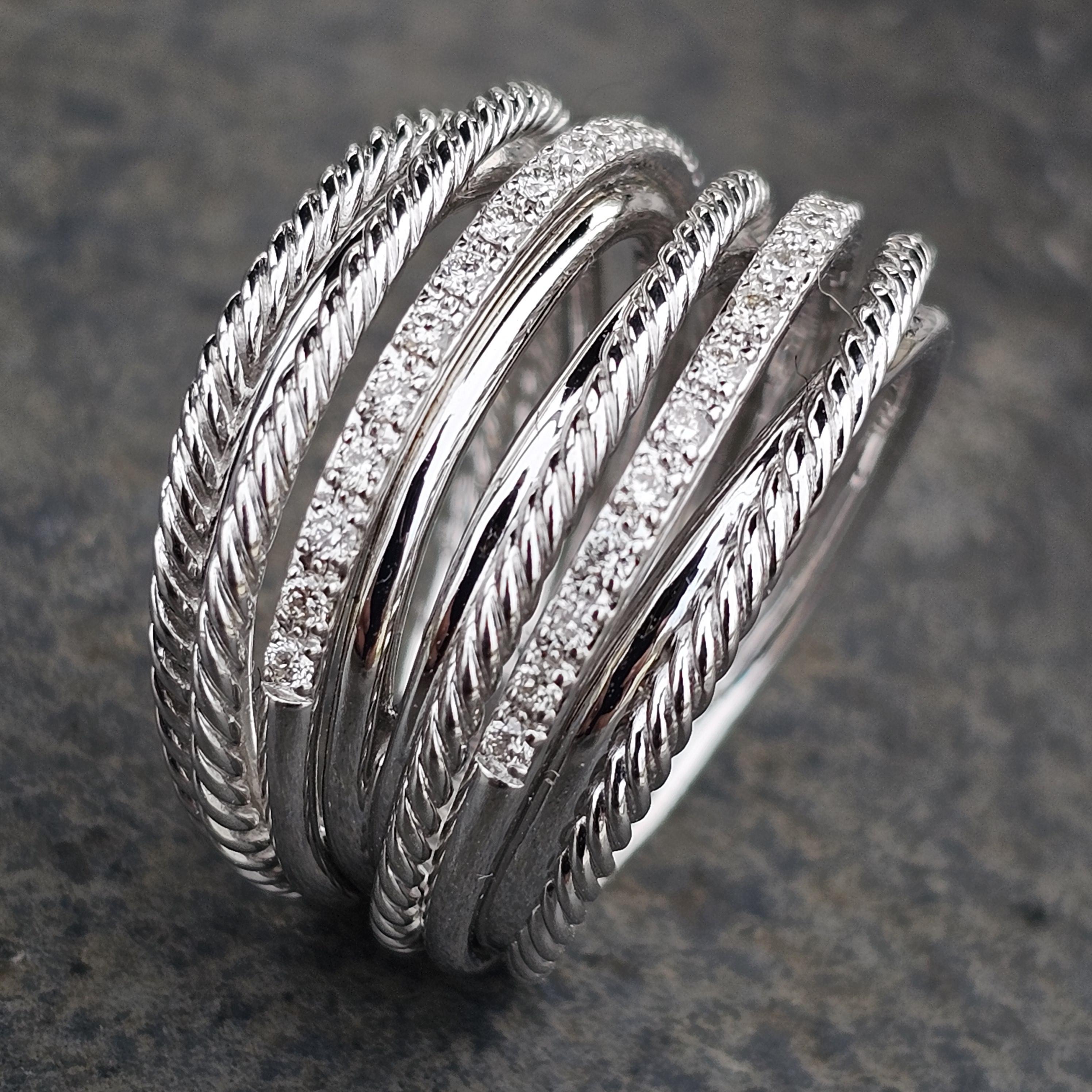 Round Cut David Yurman Crossover Wide Band Ring Sterling Silver Diamond .33ct sz 7 1250 For Sale