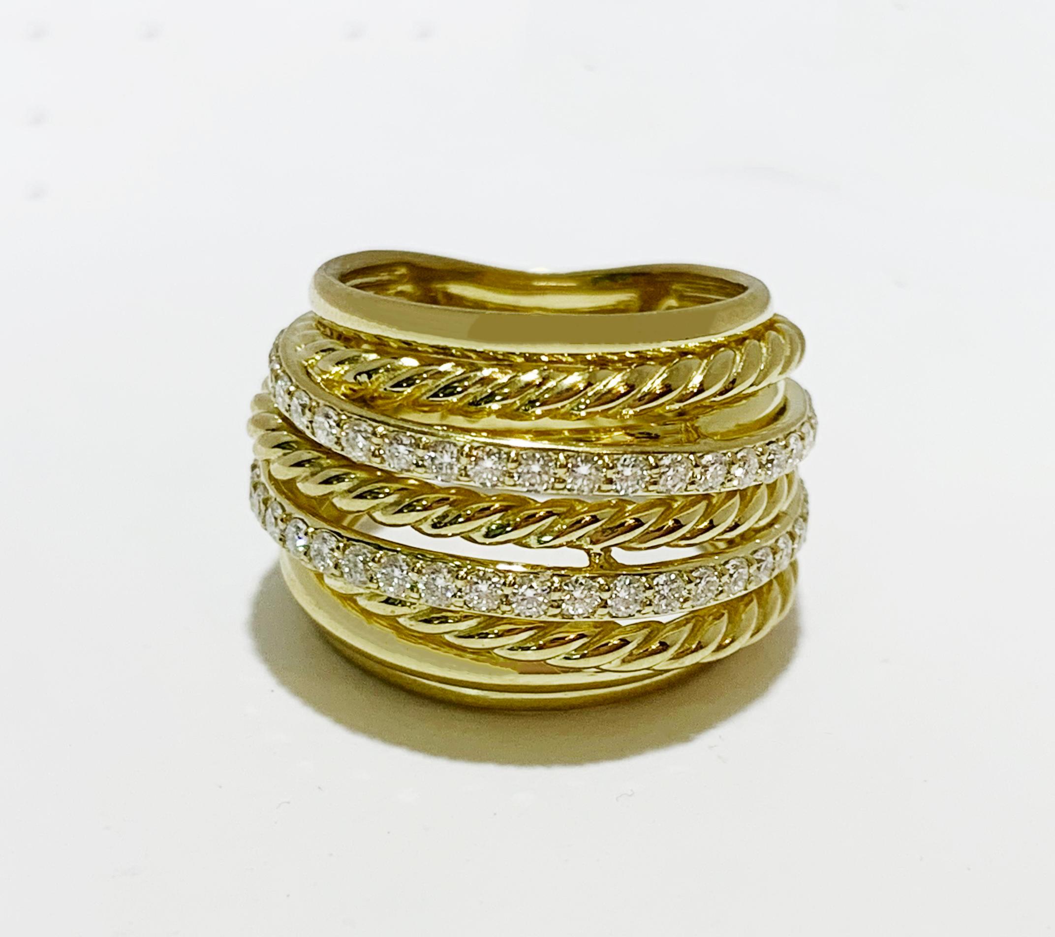 The Crossover Collection
-18 k Yellow Gold
-Ring size: 4.5
-Ring width: 0.3-0.7”
-Diamond: 0.67 ct
 *New, no tags
Comes with David Yurman box
Retail: $5200