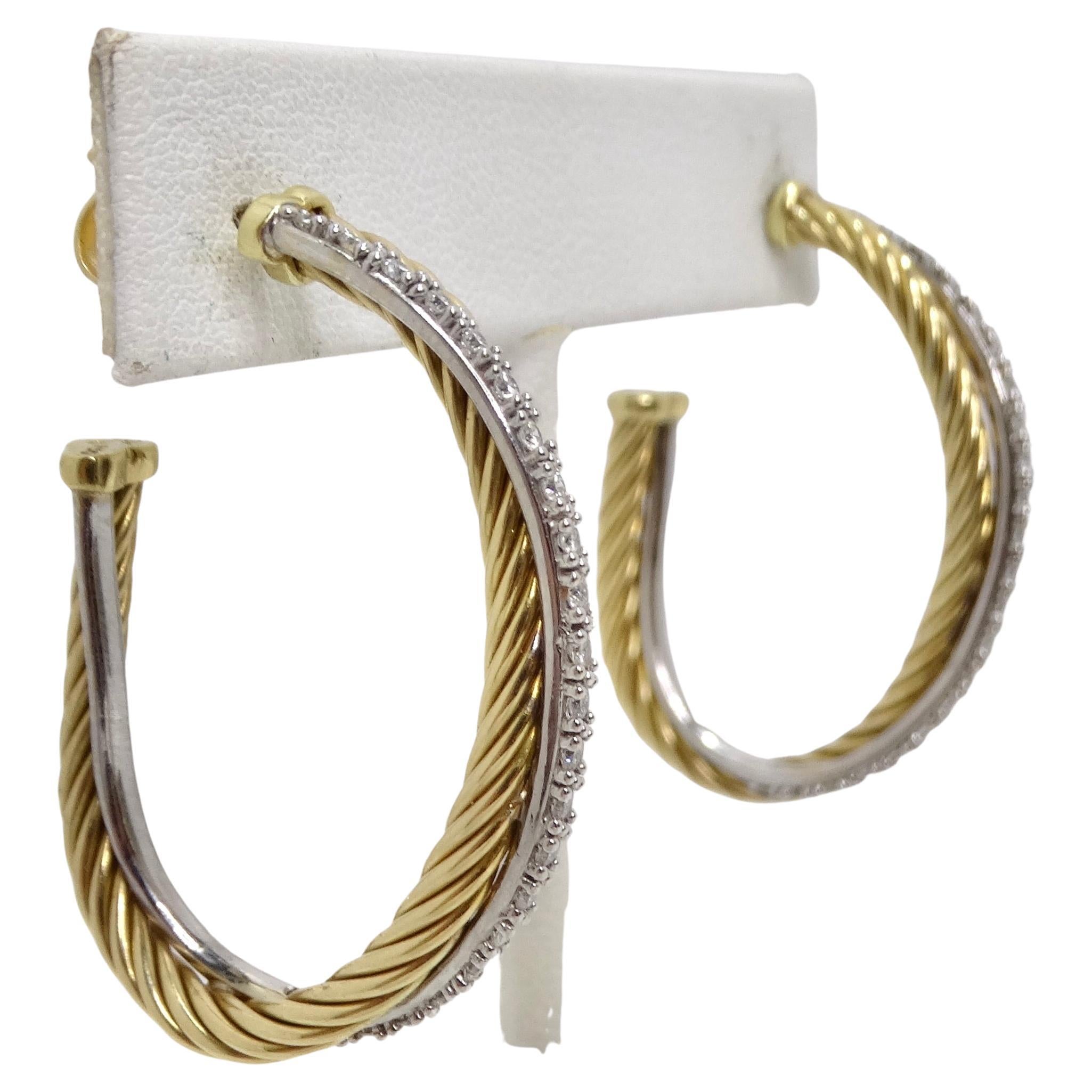 Indulge in pure luxury with these David Yurman Crossover XL Hoop Earrings in 18K Yellow Gold, adorned with sparkling diamonds. These gorgeous classic hoop earrings beautifully intertwine 18-karat yellow gold with dazzling diamonds. The David Yurman
