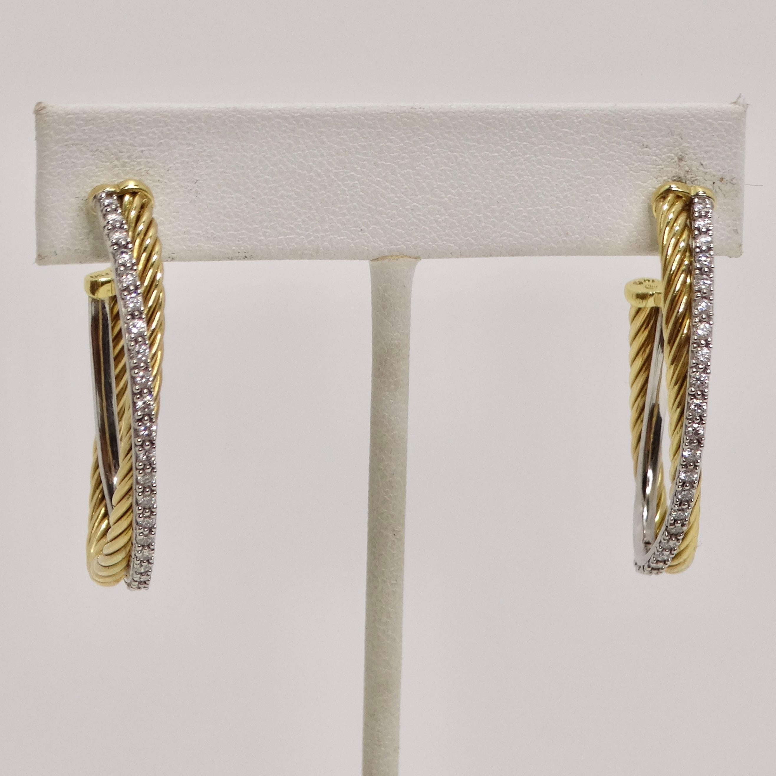 Round Cut David Yurman Crossover XL Hoop Earrings Yellow Gold With Diamonds