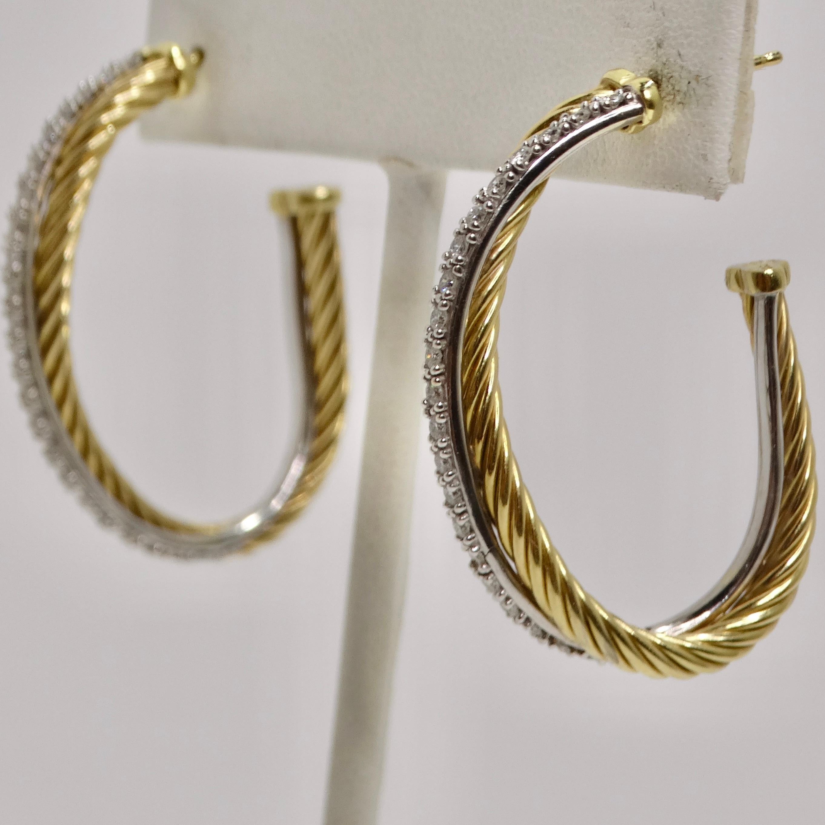 David Yurman Crossover XL Hoop Earrings Yellow Gold With Diamonds In Good Condition In Scottsdale, AZ