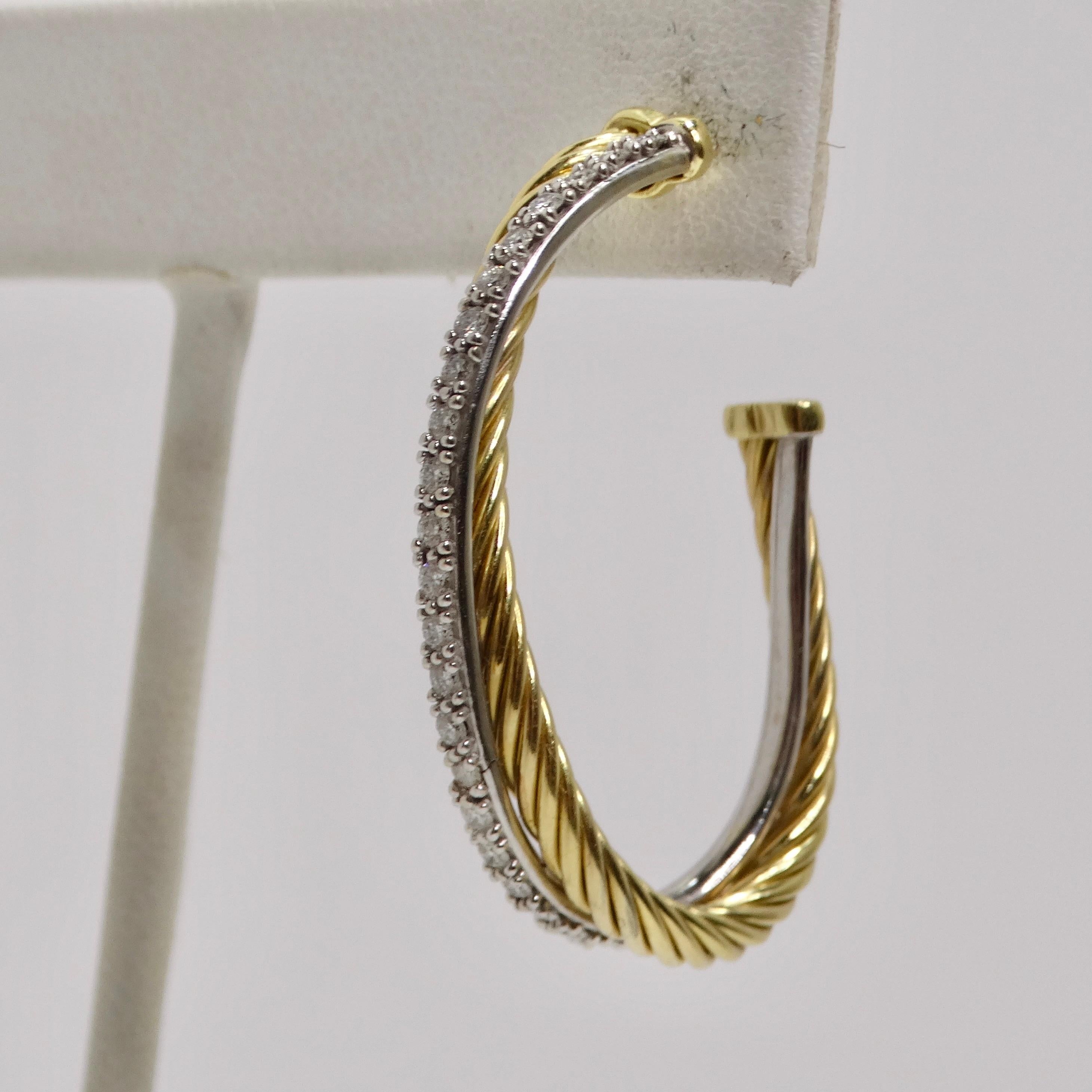 Women's or Men's David Yurman Crossover XL Hoop Earrings Yellow Gold With Diamonds