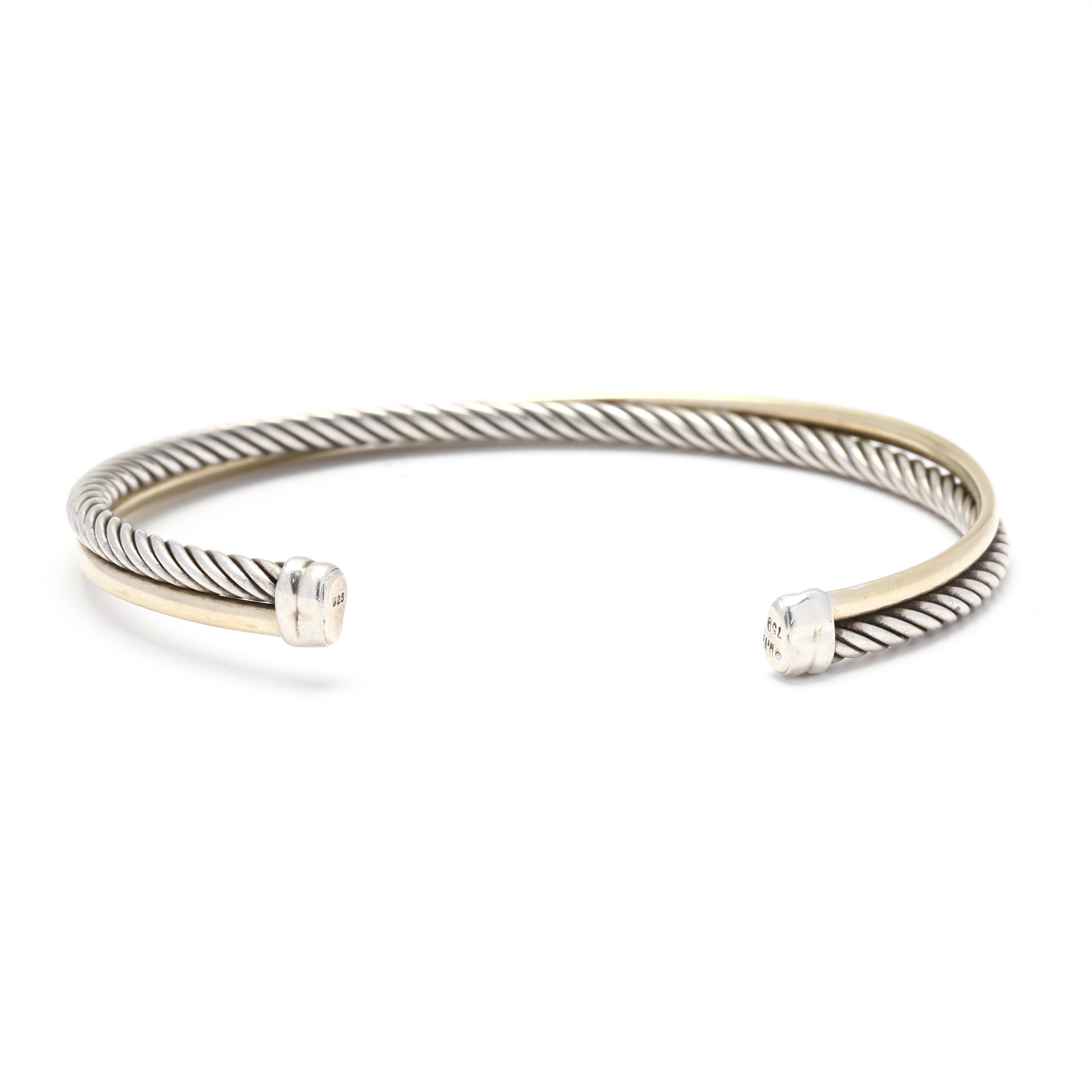 David Yurman CrossoverCuff Bracelet, 18K YellowGold Sterling Silver, Length 6.75 In Good Condition In McLeansville, NC