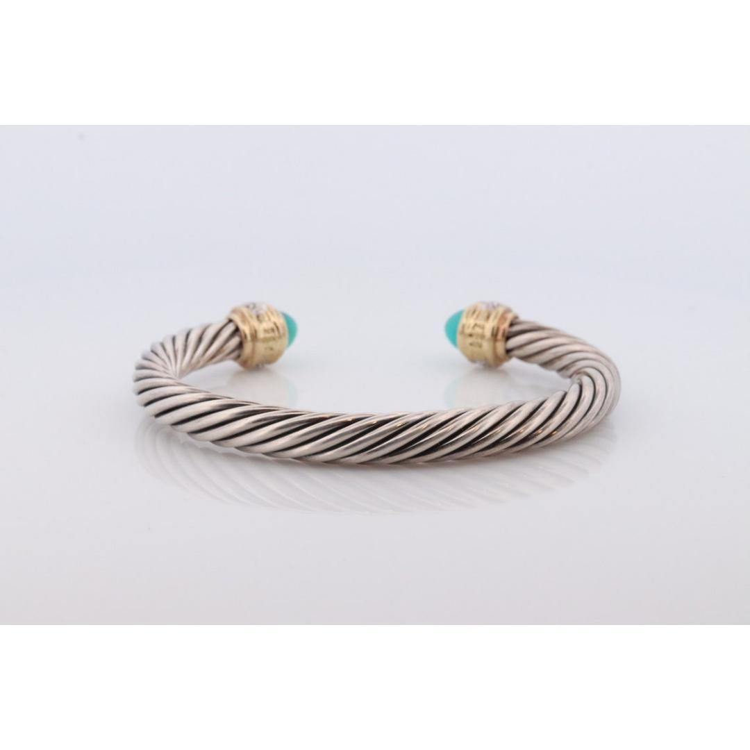 David Yurman Cuff Bracelet. 18k Sterling Silver Cable Cuff. Chalcedony Diamond In Good Condition In Port Charlotte, FL