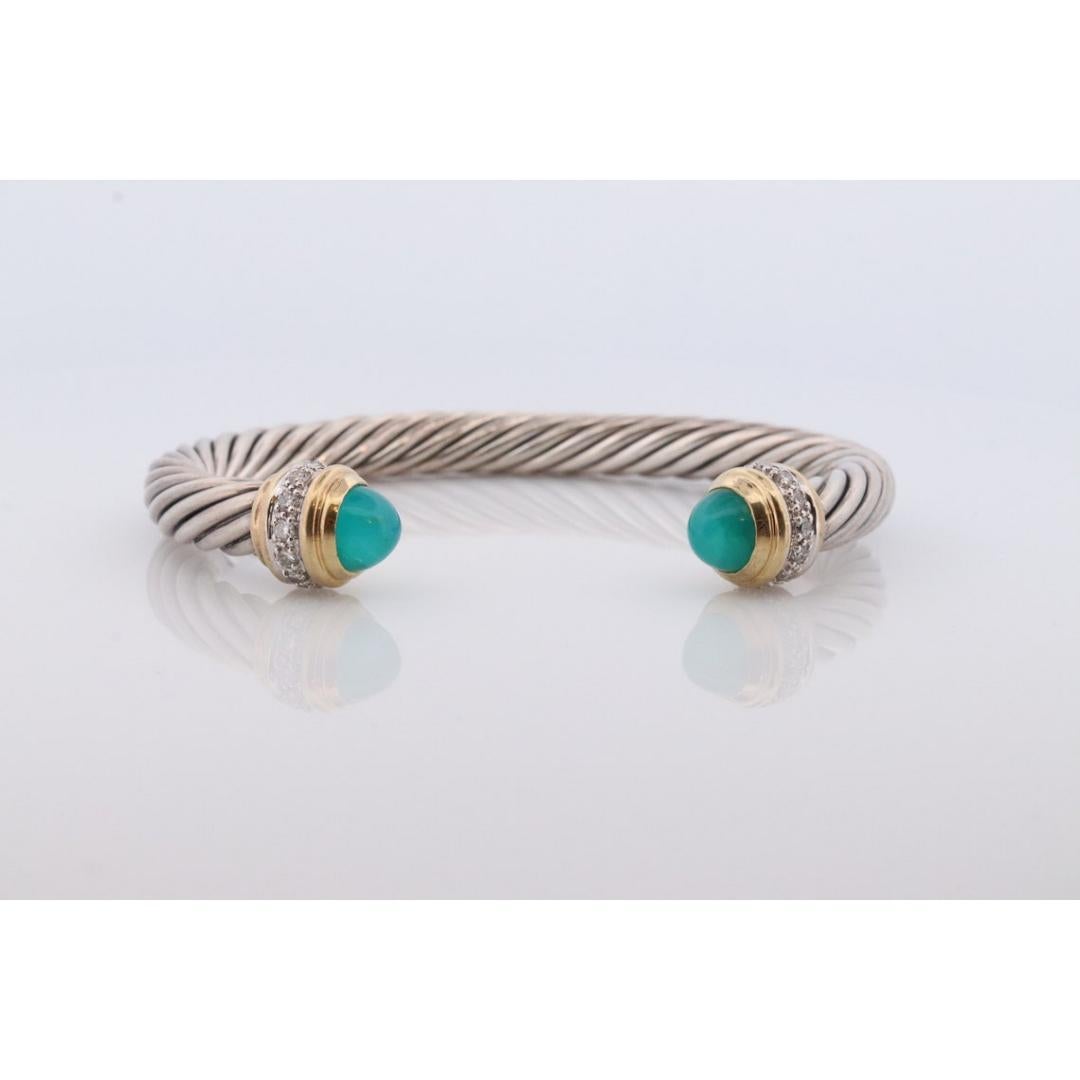 Women's David Yurman Cuff Bracelet. 18k Sterling Silver Cable Cuff. Chalcedony Diamond