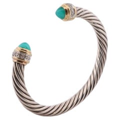 David Yurman Cuff Bracelet. 18k Sterling Silver Cable Cuff. Chalcedony Diamond