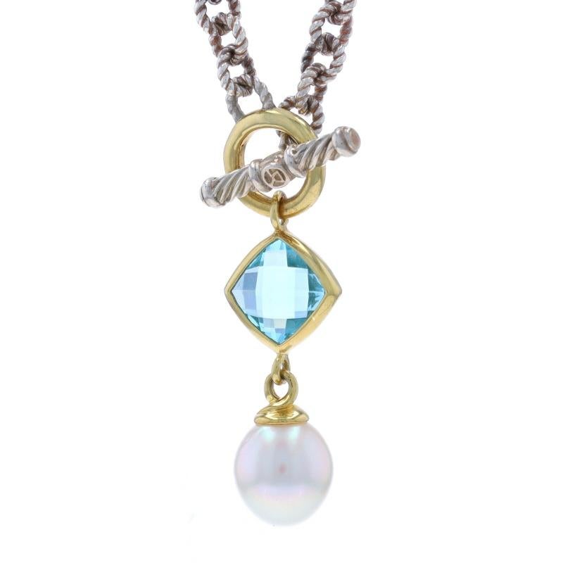 Brand: David Yurman

Metal Content: Sterling Silver & 18k Yellow Gold

Stone Information

Cultured Pearl
Color: White

Natural Blue Topaz
Treatment: Routinely Enhanced
Cut: Cushion Checkerboard

Style: Dangle
Chain Style: Facy Rolo
Necklace Style:
