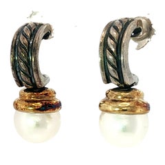 David Yurman Cultured Pearl Drop Earrings Sterling Silver and 14K Gold