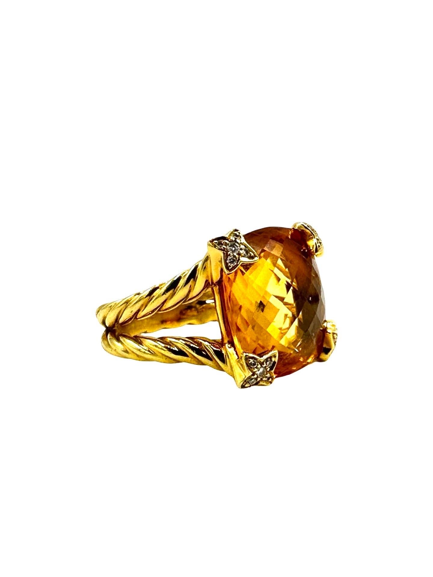 David Yurman Bague en or jaune 18 carats avec citrine coussin et diamant Unisexe en vente