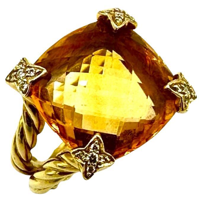 David Yurman Bague en or jaune 18 carats avec citrine coussin et diamant