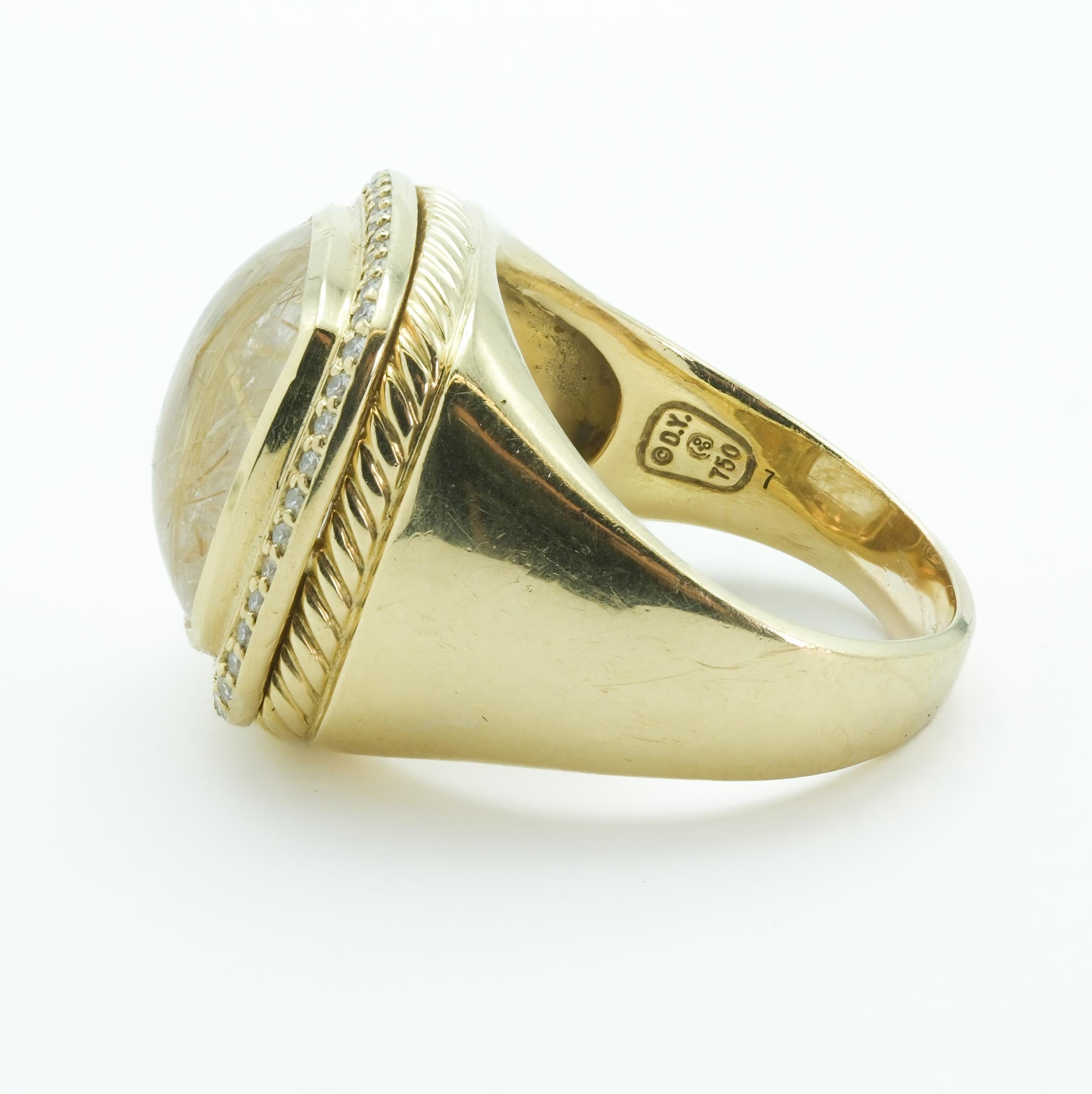 Modernist David Yurman Cushion Cut Rutilated Quartz and Diamond 18 Karat Yellow Gold Ring