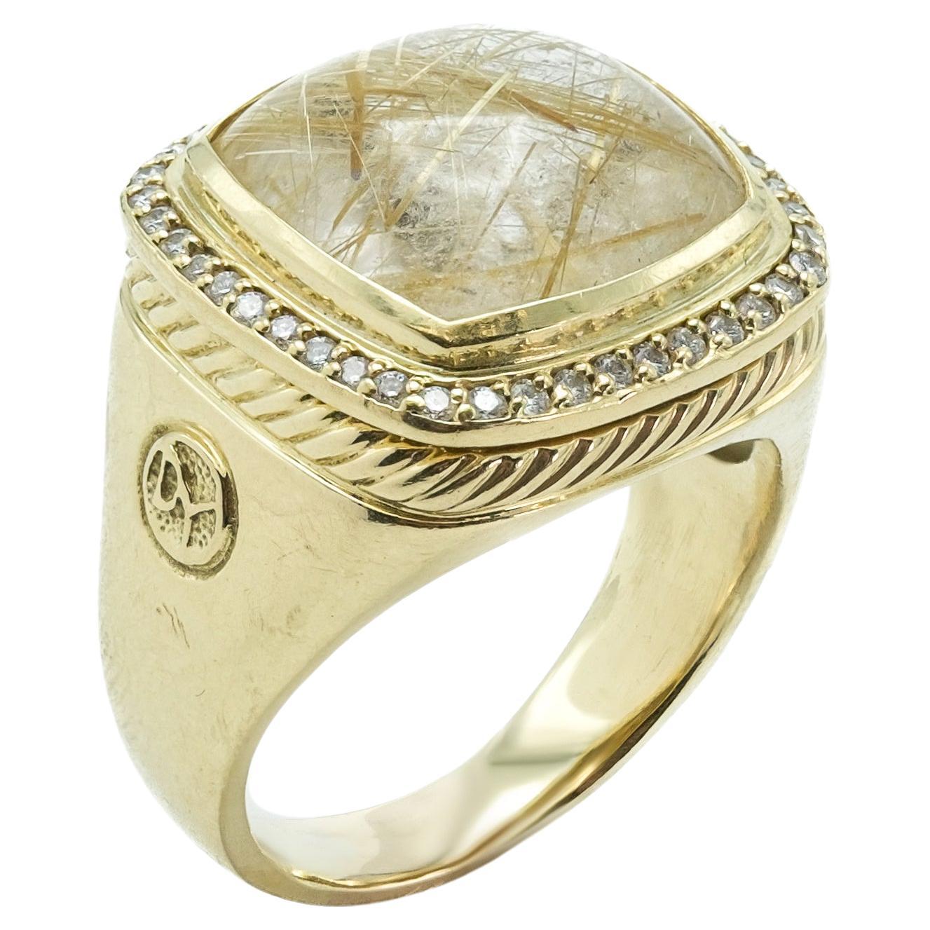 David Yurman Cushion Cut Rutilated Quartz and Diamond 18 Karat Yellow Gold Ring