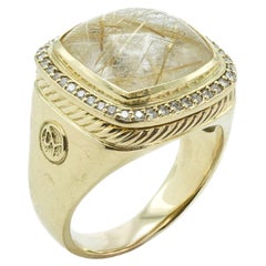 David Yurman Cushion Cut Rutilated Quartz and Diamond 18 Karat Yellow Gold Ring