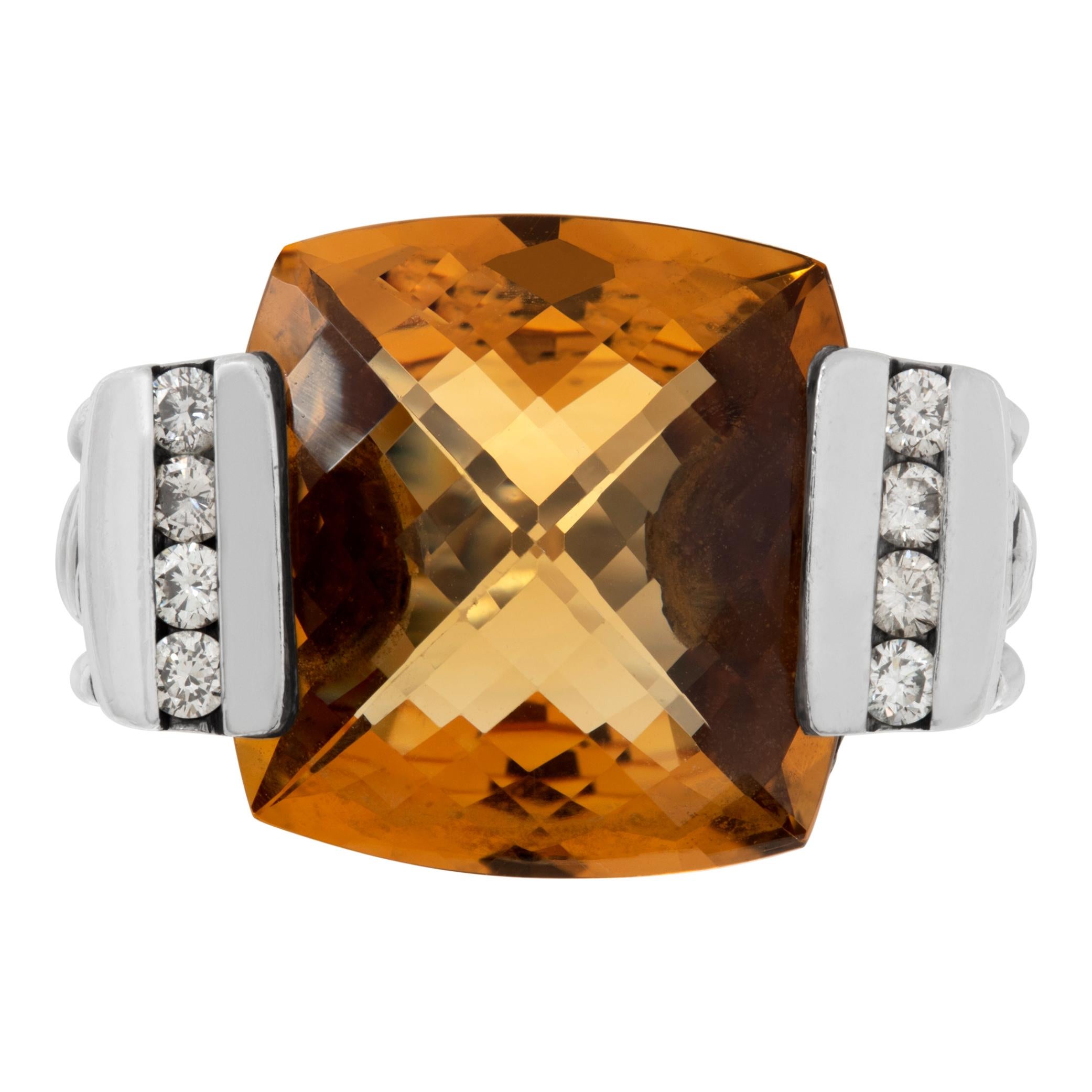 David Yurman Deco citrine (15mm) ring in sterling silver with diamonds. Size 6