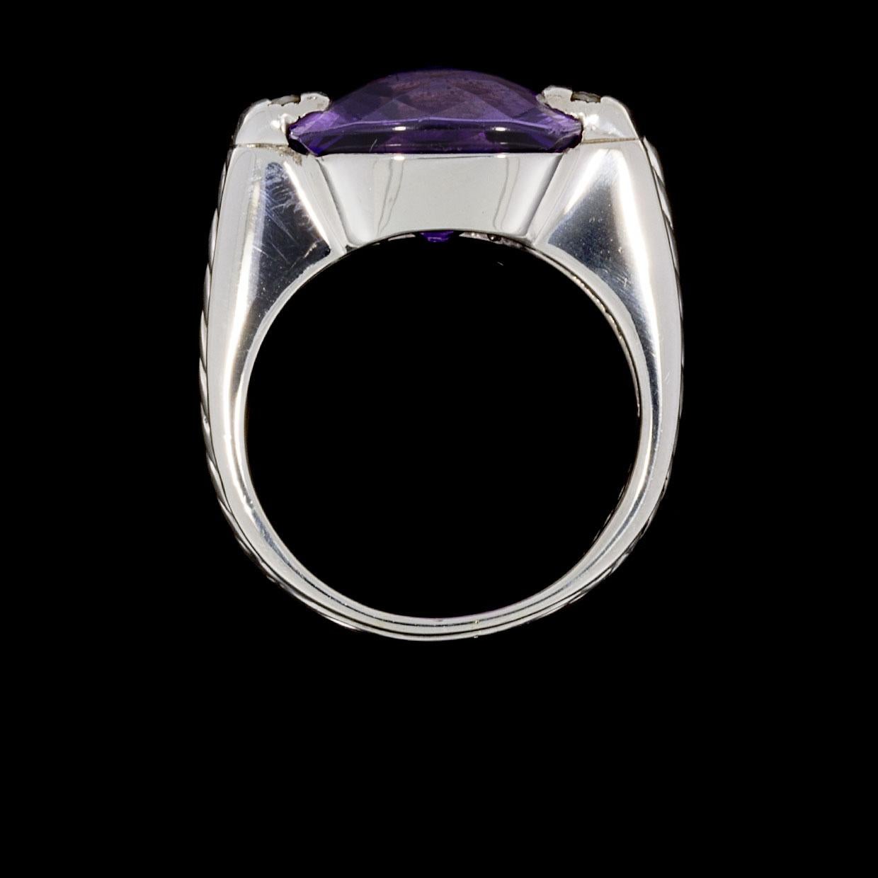 David Yurman Deco Sterling Silver Cushion Cut Amethyst and Diamond Cable Ring In Excellent Condition In Columbia, MO