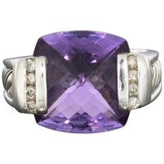 David Yurman Deco Sterling Silver Cushion Cut Amethyst and Diamond Cable Ring