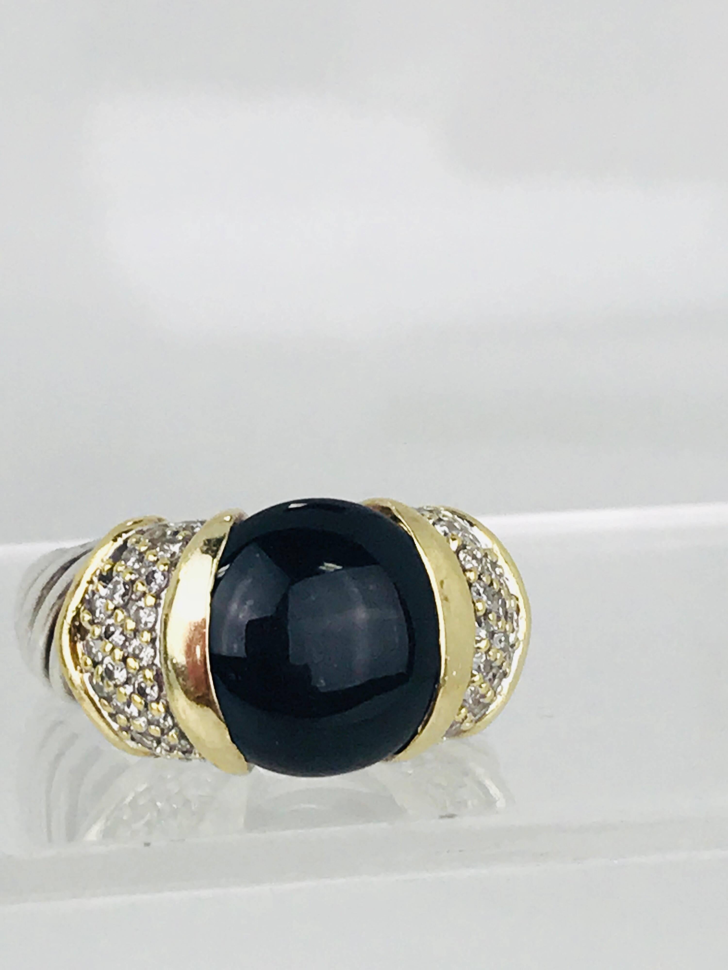 Round Cut David Yurman Diamond and Black Onyx Two-Tone 18 Karat Gold Sterling Cable Ring For Sale