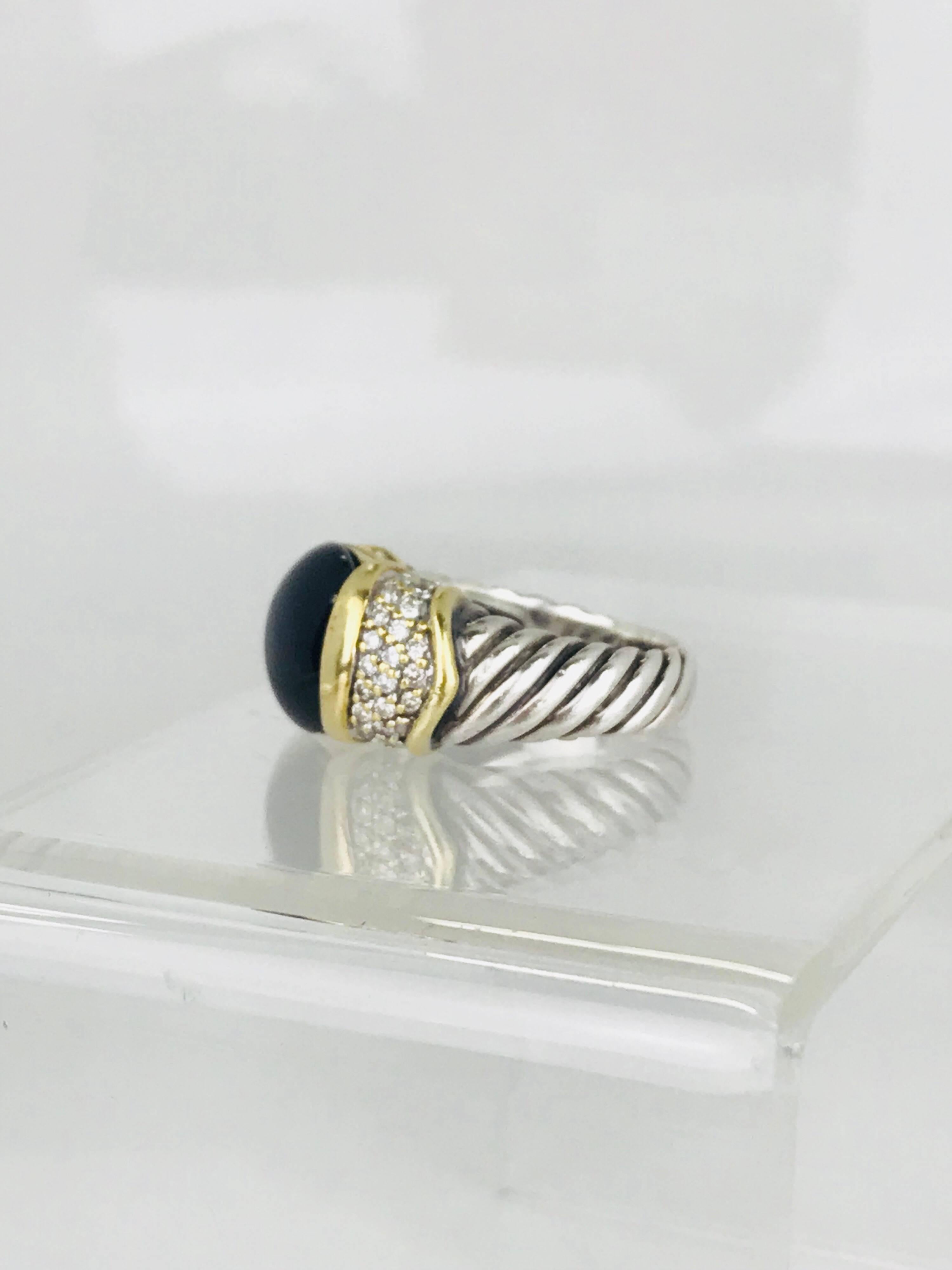 Women's David Yurman Diamond and Black Onyx Two-Tone 18 Karat Gold Sterling Cable Ring For Sale