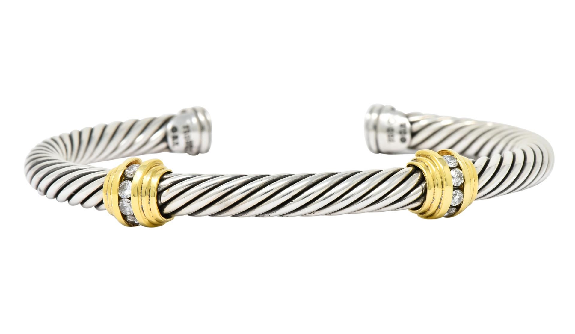 David Yurman classic cable twist sterling silver cuff bracelet

Featuring two 18 karat yellow gold graduating ribbed stations each with pave set diamonds weighing approximately 0.24 carat total

Fully signed 750 925 D.Y. for 18 karat gold and