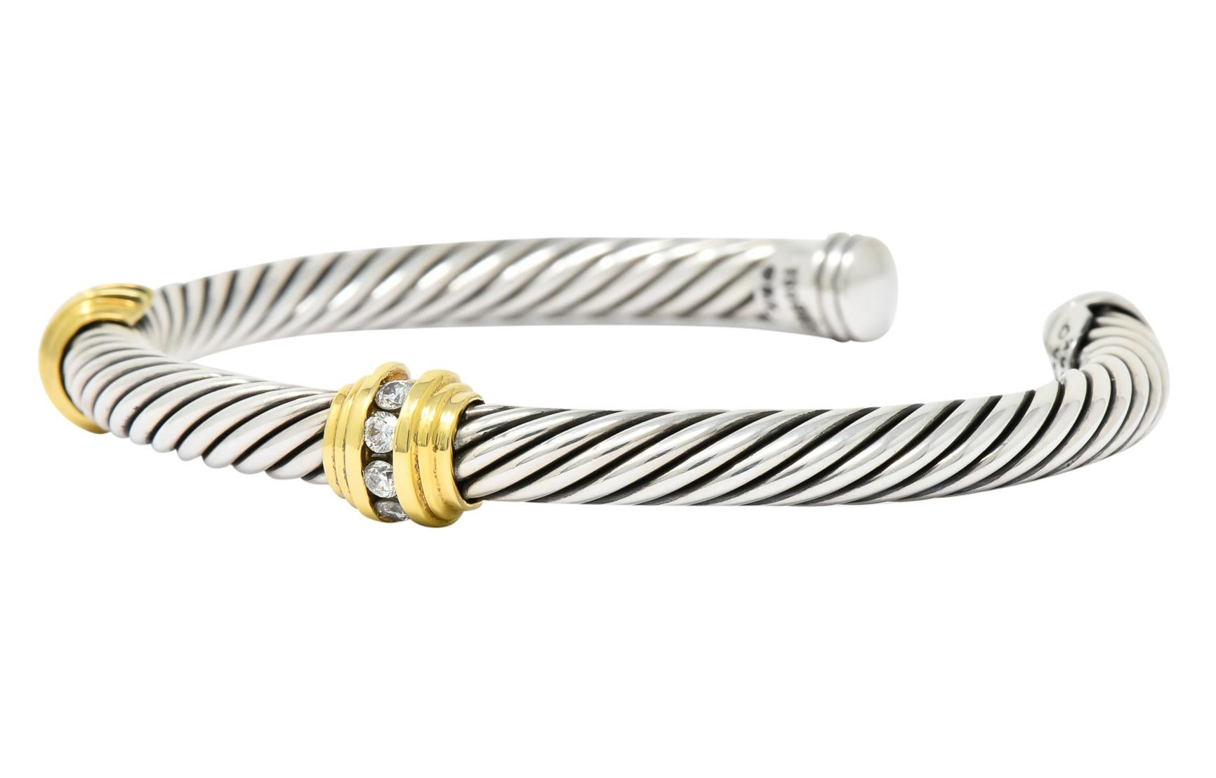 Round Cut David Yurman Diamond 18 Karat Gold Sterling Silver Cable Twist Bracelet