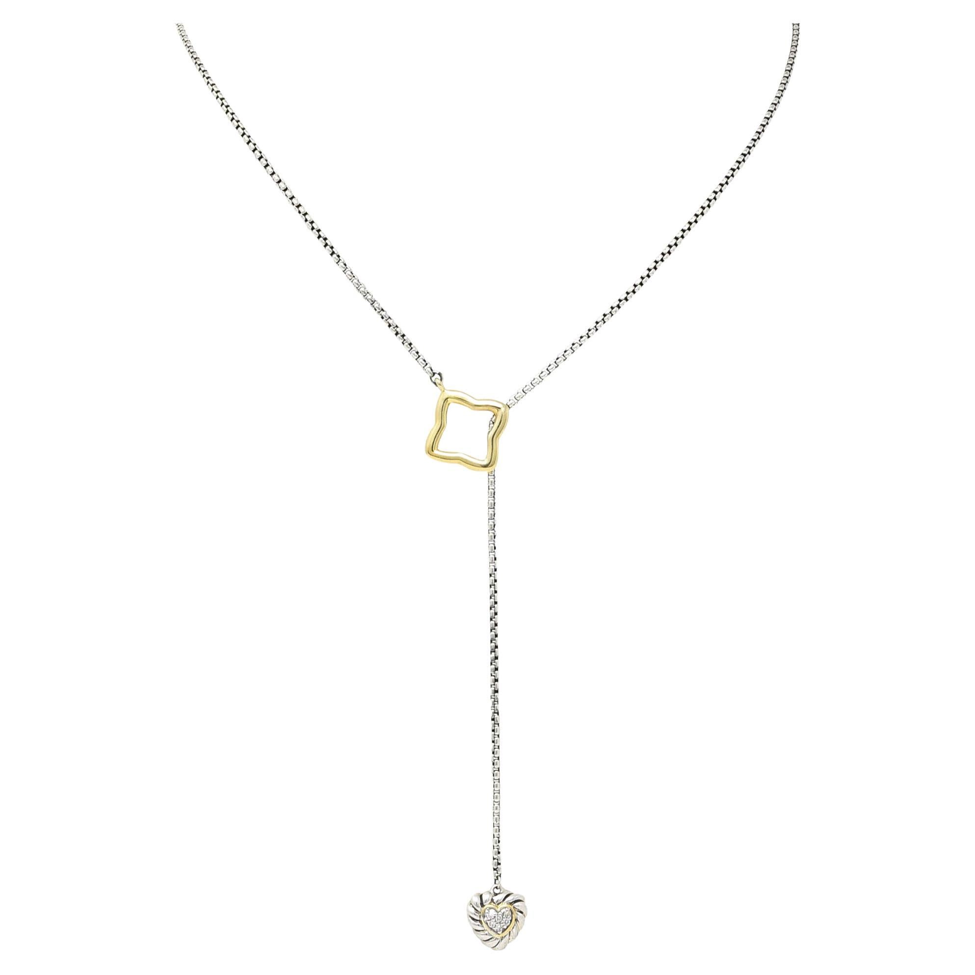 David Yurman Diamond 18 Karat Gold Sterling Silver Quatrefoil Heart Necklace