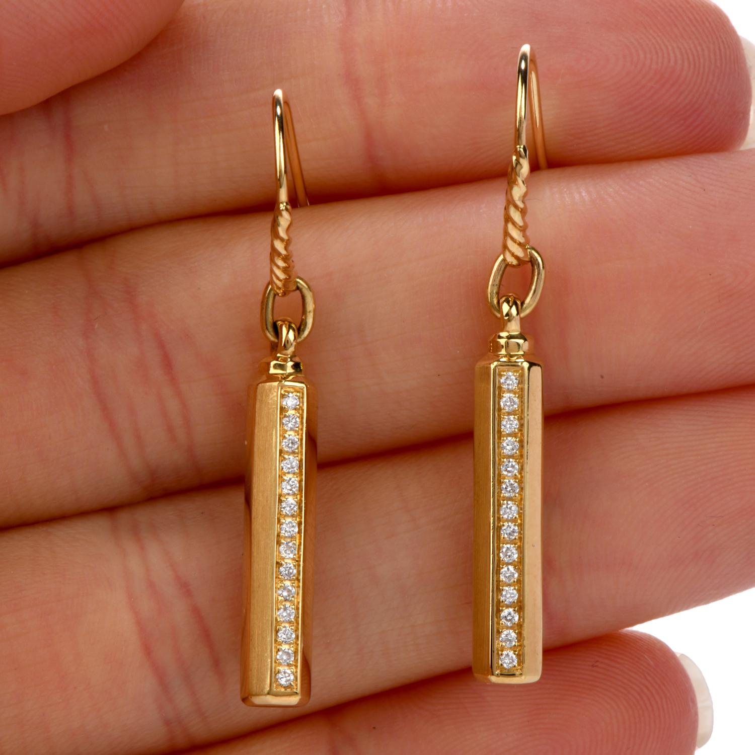 Round Cut David Yurman Diamond 18 Karat Gold Barrels Drop Hook Earrings