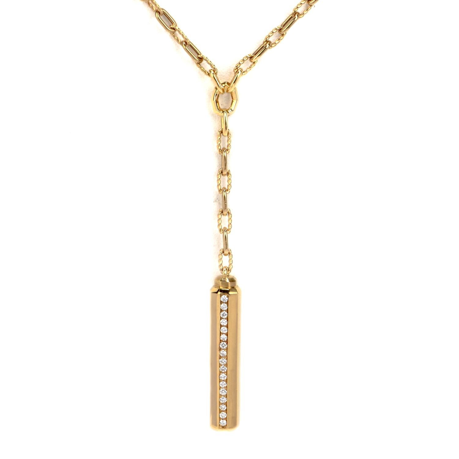 Experience designer luxury with this David Yurman Diamond 18K Gold Barrels Y Necklace.  This necklace has 17 natural pave set diamonds totaling 0.23 carats.  The diamonds radiate in this 18K yellow gold classy necklace.  The clasp is a toggle clasp