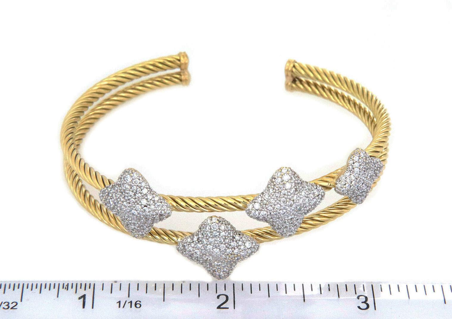 Taille brillant David Yurman Bracelet manchette à double câble en or 18 carats et diamants à motif quadrilobé en vente