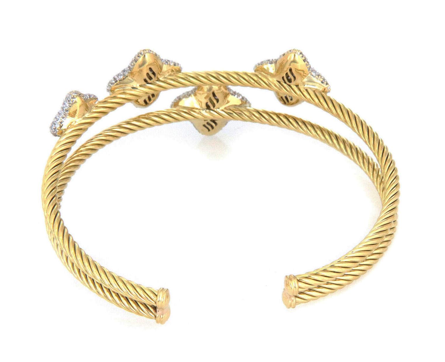 David Yurman Diamant 18k Gold Quatrefoil-Motiv Double Cable Band Manschettenarmband mit doppeltem Kabelmotiv im Zustand „Hervorragend“ im Angebot in Boca Raton, FL