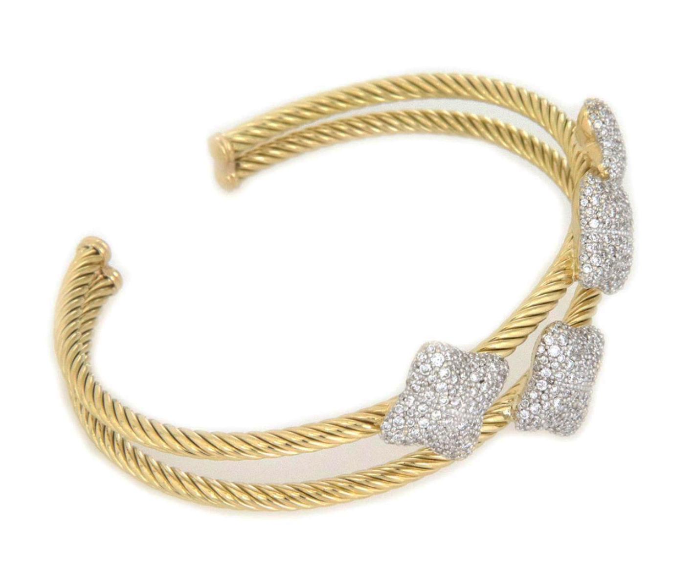 Modern David Yurman Diamond 18k Gold Quatrefoil Motif Double Cable Band Cuff Bracelet For Sale