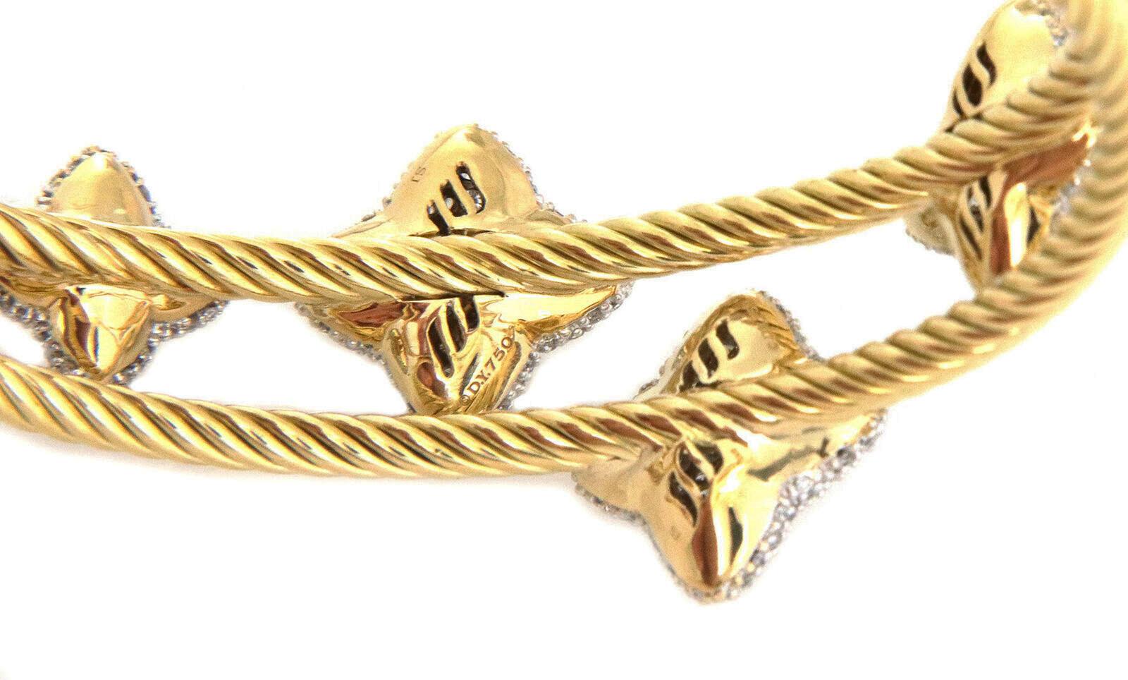 Brilliant Cut David Yurman Diamond 18k Gold Quatrefoil Motif Double Cable Band Cuff Bracelet For Sale
