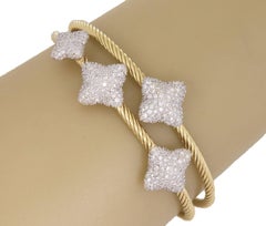 David Yurman Diamond 18k Two Tone Gold Quatrefoil Double Cable Cuff Bracelet