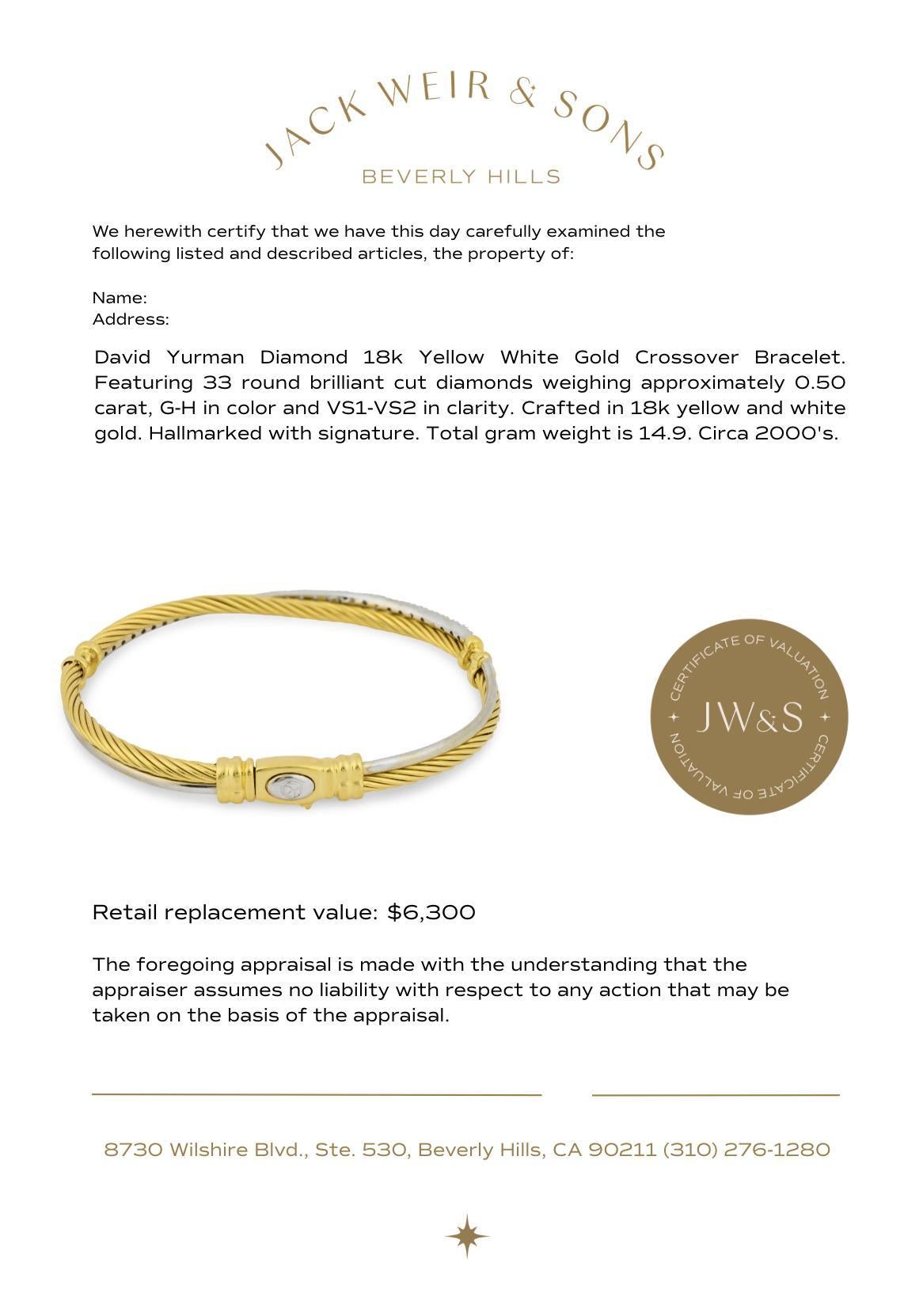 Pulsera cruzada David Yurman de diamantes y oro blanco amarillo de 18 quilates en venta 1