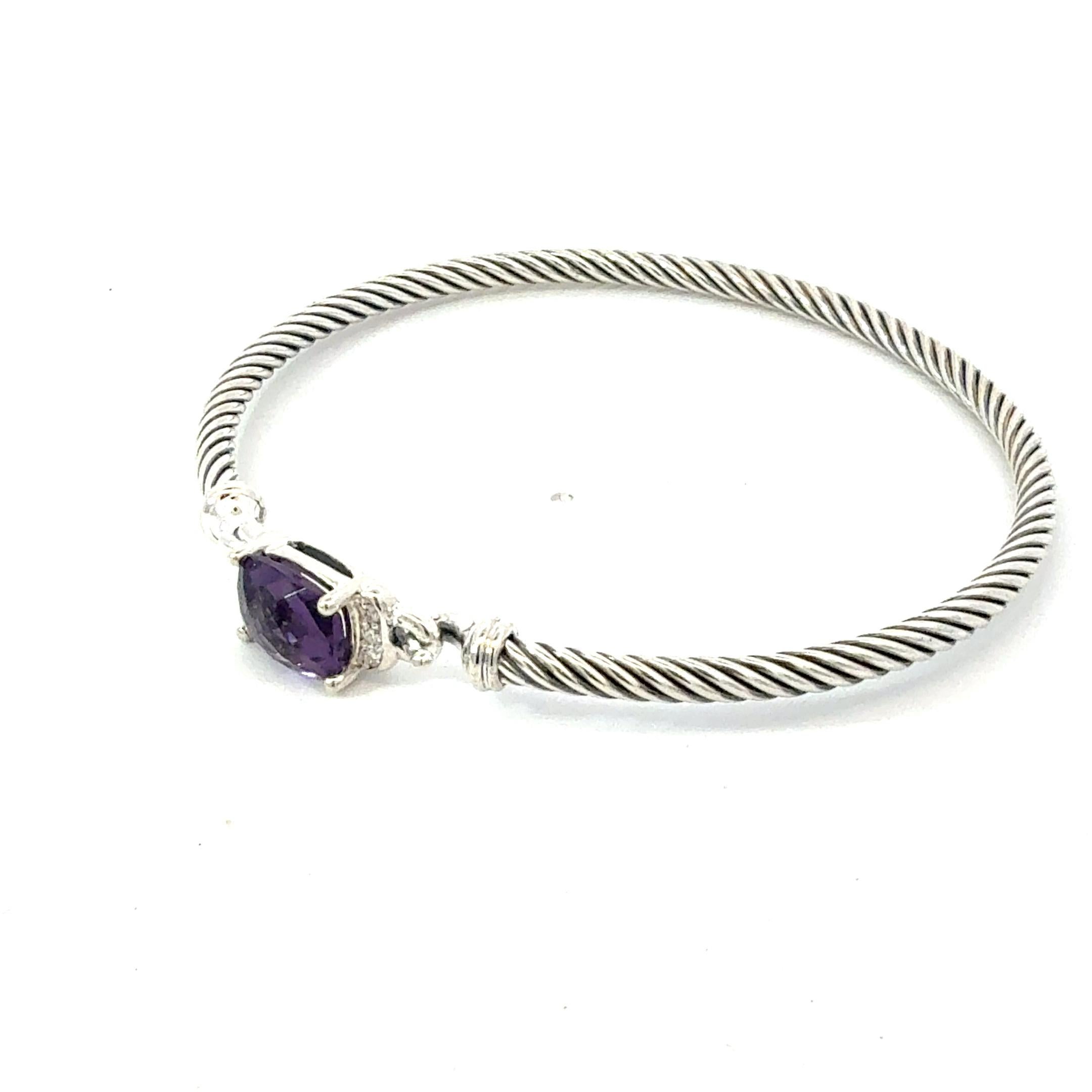 David Yurman Pulsera Puño Amatista Diamante Talla M 3 mm Plata de Ley Estate en Bueno estado para la venta en Brooklyn, NY