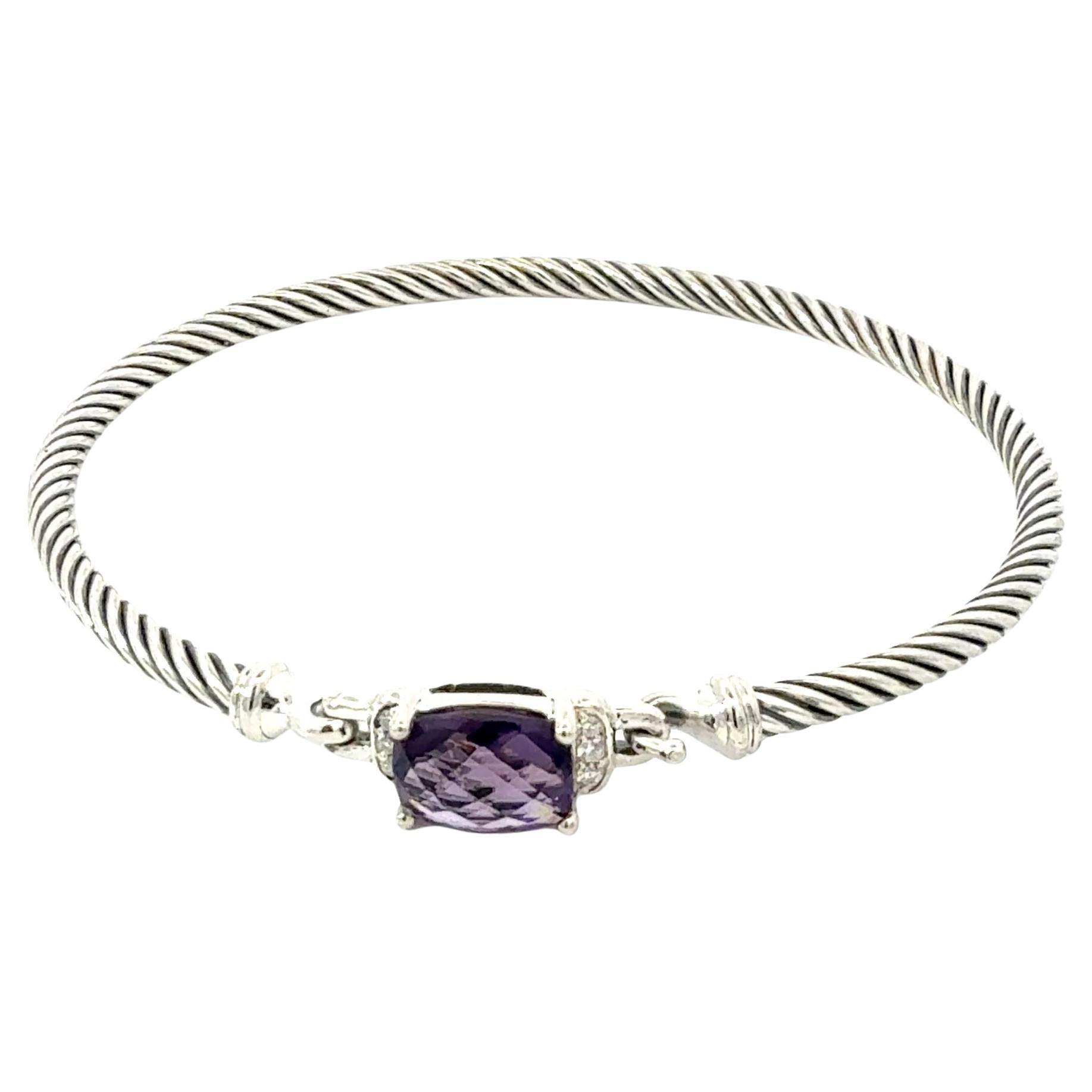 David Yurman Diamond Amethyst Cuff Bracelet Size M 3 mm Sterling Silver Estate