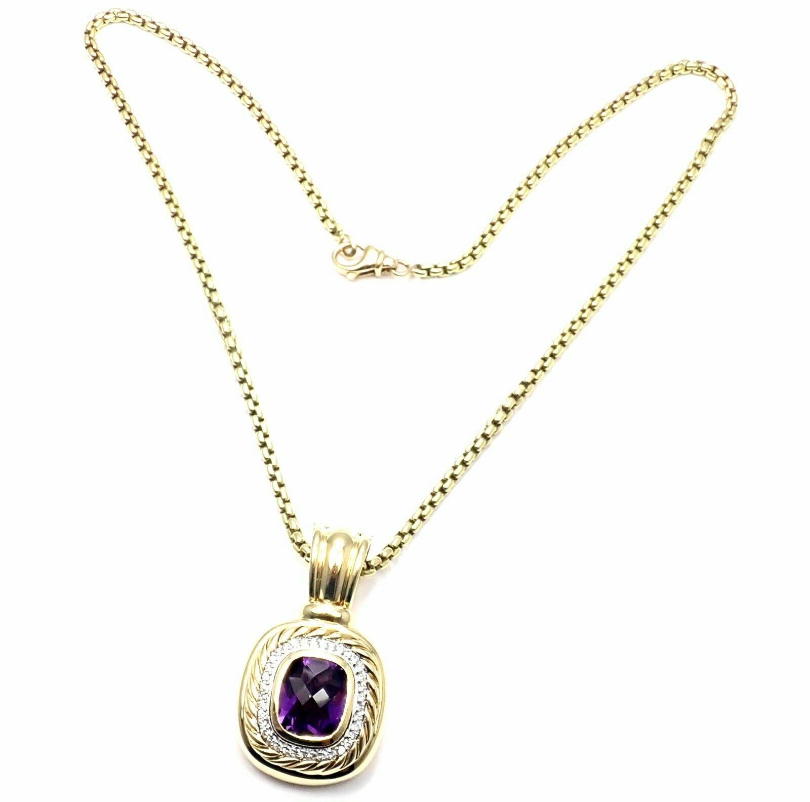 18k Yellow Gold Diamond Amethyst Large Cable Pendant Chain Necklace by David Yurman.
With 33 round brilliant cut diamonds SI1 clarity, G color total weight approximately  1ct
1 Large Amethyst: 10mm x 12mm
Details:
Chain: Length: 16